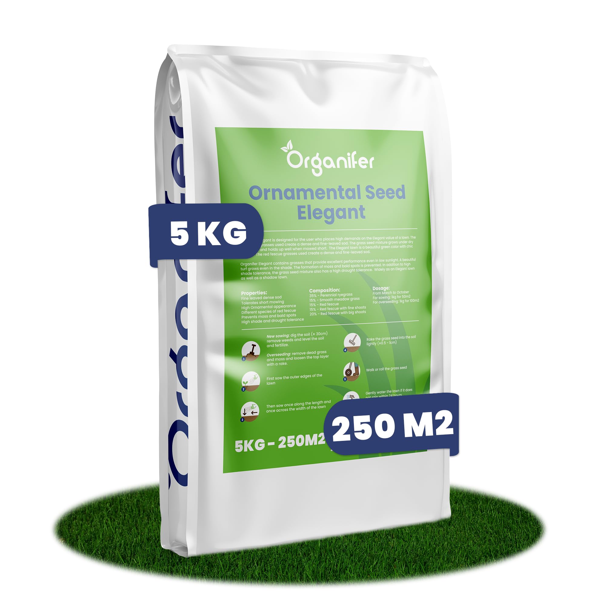 Zierrasen-Grassamen - Elegant - Schnell Keimende Grassamen - Grassamen-Schatten - Rasensamen - Grassamen - Nak-Zertifiziert - Starke Selbstheilung - Ganzjährig Dunkelgrüne Farbe - Organifer (5 kg)