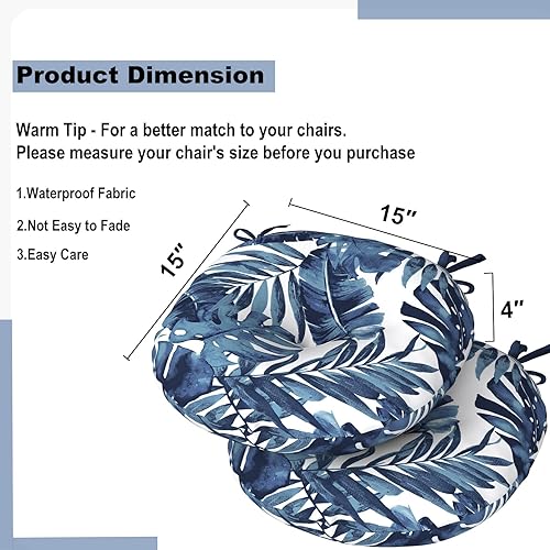 Miniatura 3 de DYTXIII Juego de 2 cojines redondos para sillas de exterior con lazos de 15 x 15 pulgadas, cojín suave de repuesto impermeable para decoración del