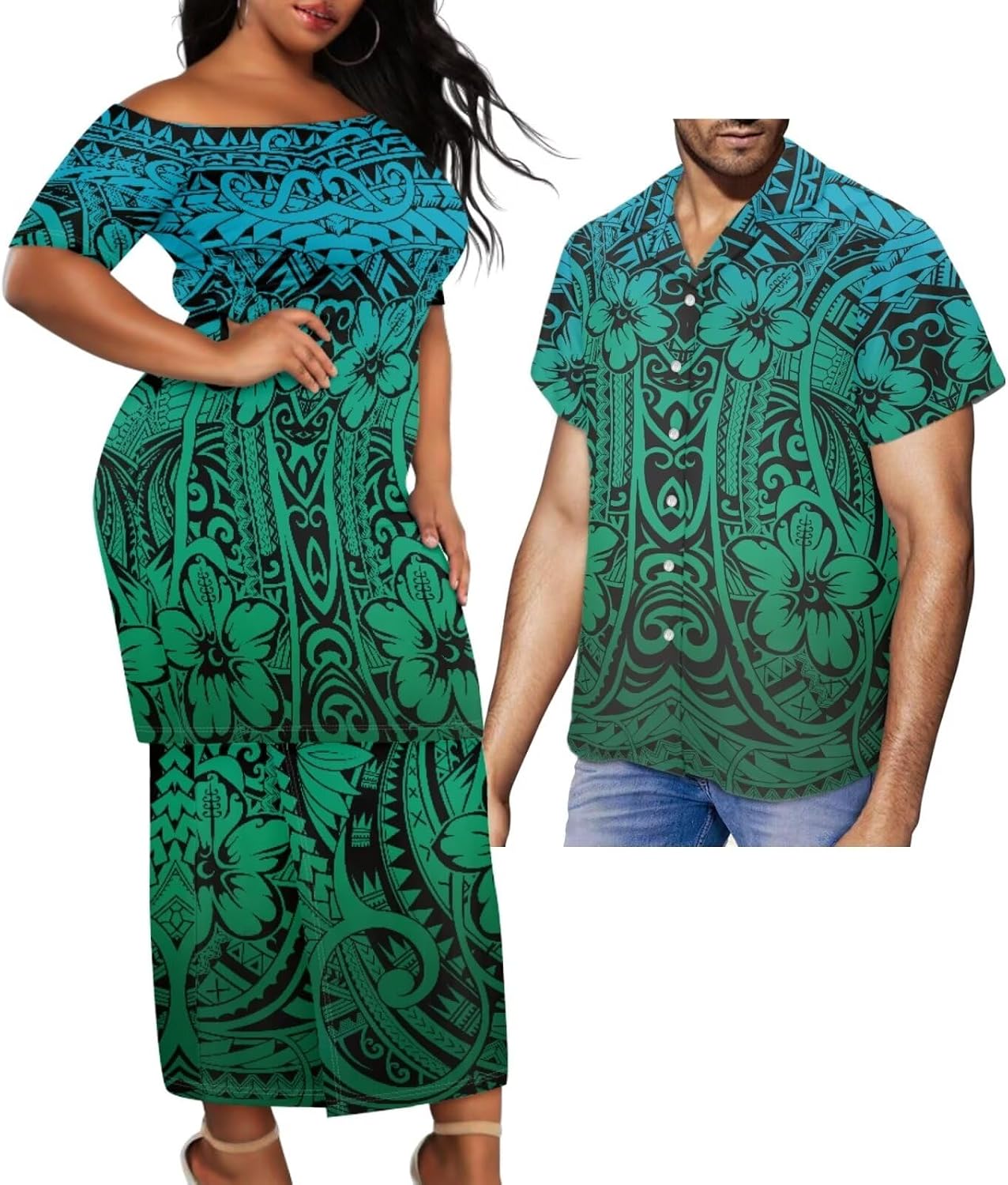 Polynesian Couple Set Tirbal Tattoo Tapa Hawaii Shirt Puletasi Samoa Dresses for Women Matching Outfits Couples