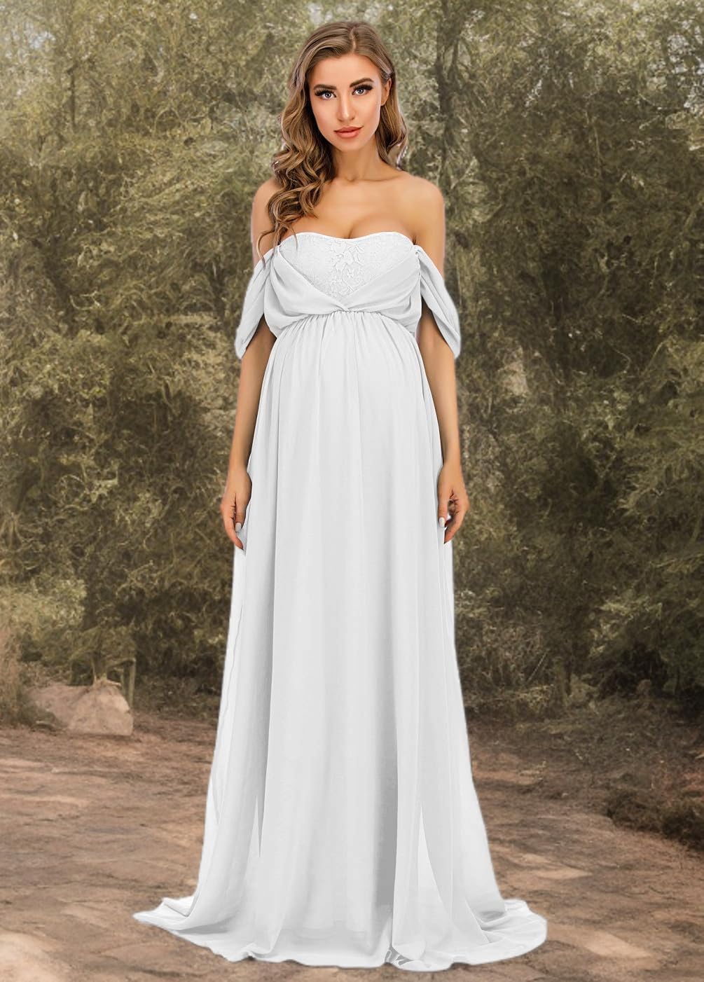 ZIUMUDY Maternity Off Shoulder Chiffon Gown for Photo Shoot Maxi Lace Dress for Baby Shower Bridesmaid Party Dress - Image 7