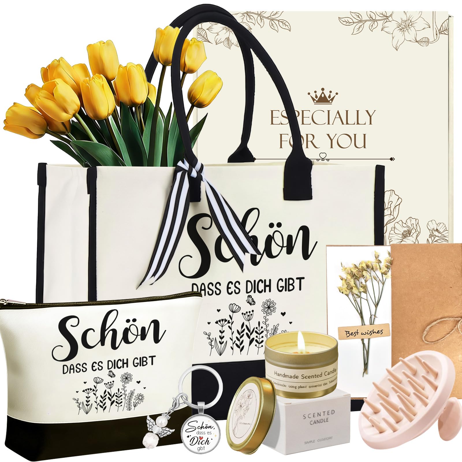 Geschenke für Frauen Freundin, Gifts for Women, Geburtstagsgeschenk mit Canvas Einkaufstasche, Wellness Entspannung Geschenkset als Dankeschön für Mama, Beste Freundin, Kollegin, Lehrerin, Hebamme