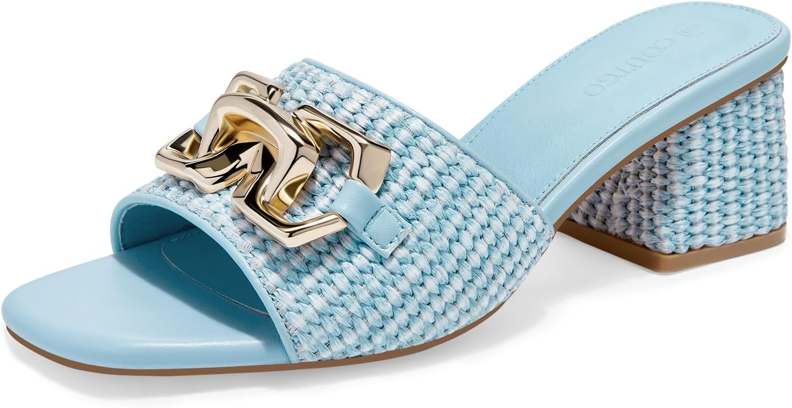 Womens Raffia Slide Sandals Chunky Block Heeled Square Open Toe Metal Chain Slip on Mules Dressy Shoes