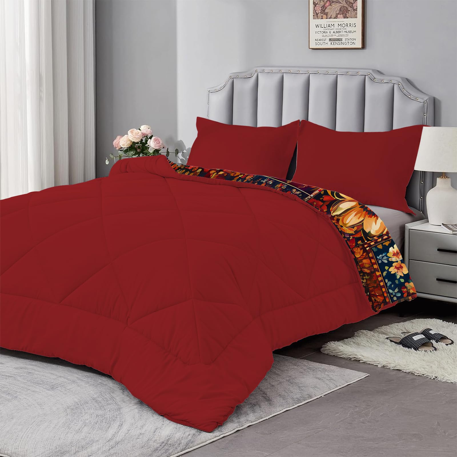 Couette 220x240 - Couette Imprimée Patchwork - Couette 4 Saisons Motif Bohème Fleurs - Couette Réversible 2 Personnes Édredon Lavable et Taies d'oreiller 65x65 - Rouge B53