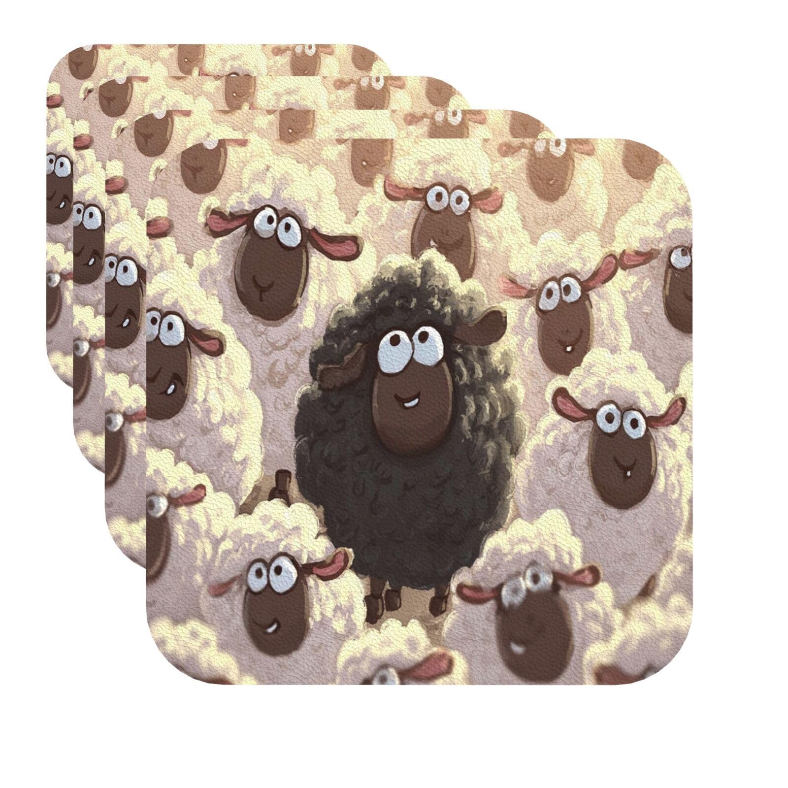 Drink Coasters Set of 4 Quick-Dry Leather Coaster Cartoon Black White Sheep Coasters for Drinks Coffee Cup Mat Tabletop Protection Heat Resistant Coaster for Kitchen Bar Office Home Decor