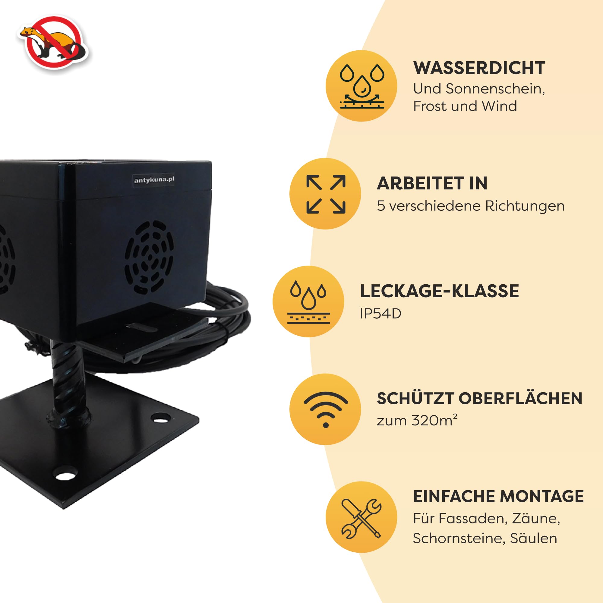 ANTYKUNA Hermetischer Mardervertreiber Light Predator – Leise 48 dB | 4 Lautsprecher | Für Parkplatz, Dachboden & Garten | Nachtbetrieb