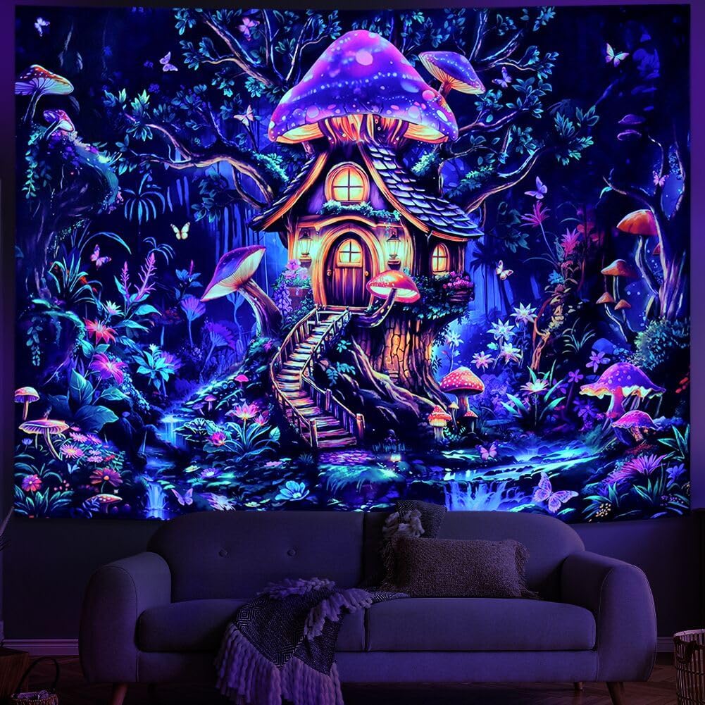 Serborlur Blacklight Forest Mushroom Tapestry UV Reactive Magical Tree of Life Tapestries Neon Floral Plants Wall Art Fantasy Fairy Landscape Backdrop Wall Hanging for Bedroom Living Room Decor