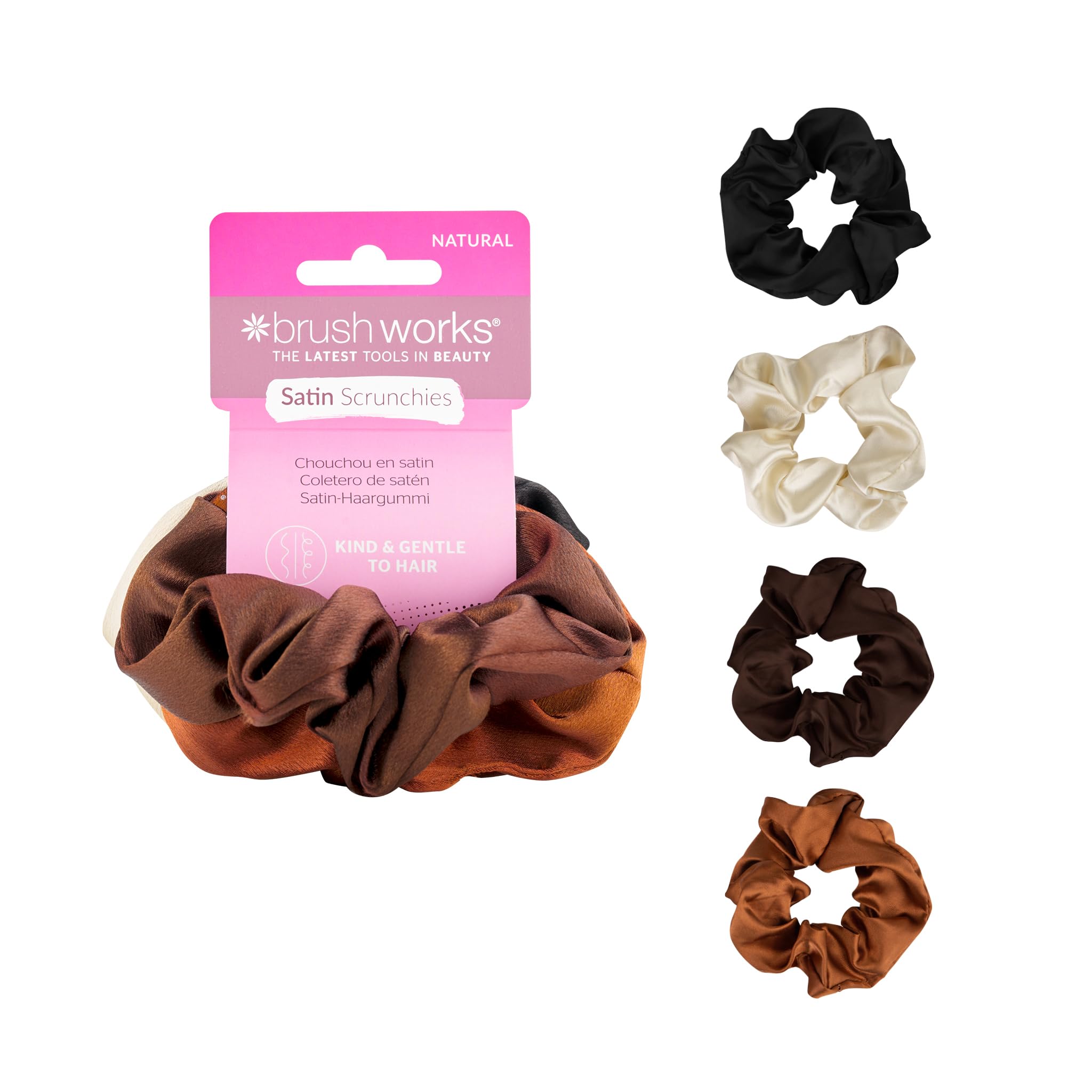 Brushworks Nude Satin Hair Scrunchies – 4 Pack Soft Satin Hair Bands for Ponytails, Buns & Everyday Styling, Smooth & Comfortable, Gentle on Hair