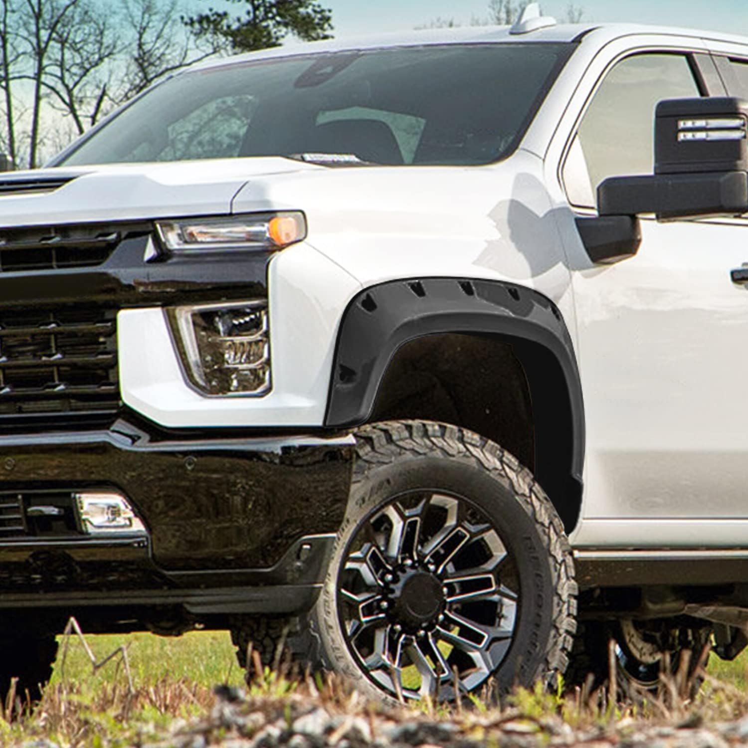 Spec-D Tuning 4PC Front + Rear Smooth Black Rivet Bolt-On Pocket Style Fender Flares Compatible with 2020-2024 Chevy Silverado 2500HD 3500HD