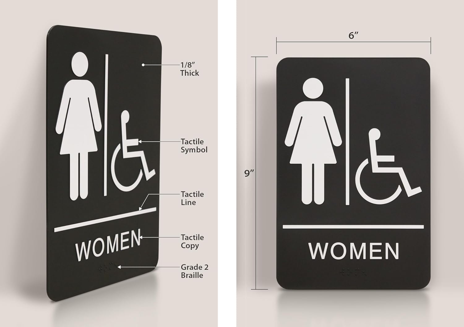 Headline Sign Ada Sign, Women/Wheelchair Accessible Tactile Symbol, Plastic, 6 X 9, Black/White