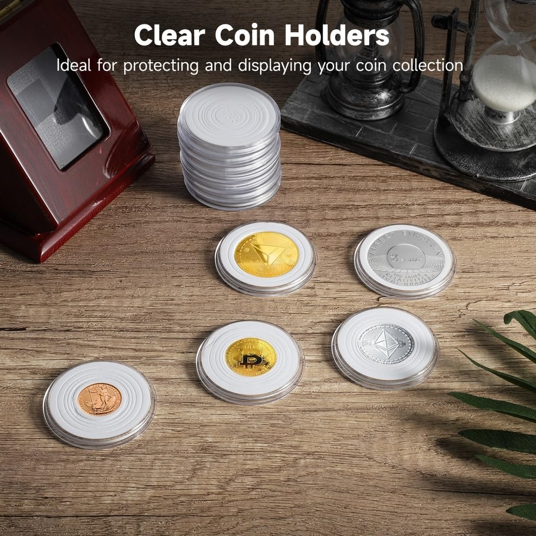 Paquete de 100 cápsulas de exhibición de monedas con cubiertas acrílicas transparentes, inserciones ajustables, caja de almacenamiento de plástico para tamaños de monedas de 1,7 a 4,6 cm