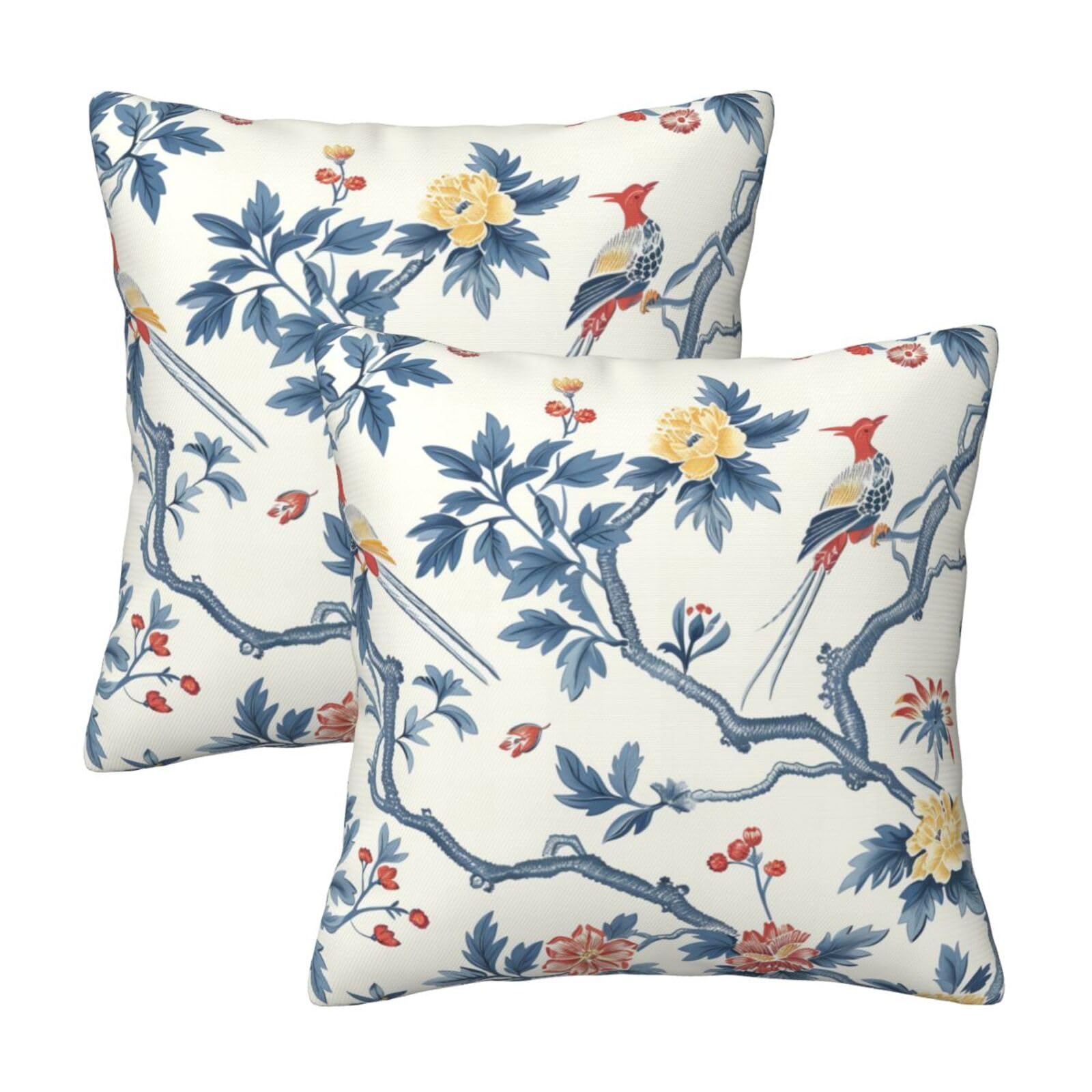 HOSTECCO Chinese Bird Cushion Covers 50x50 cm Set of 2 Chinoiserie Flower Cushion Cases Floral Decorative Pillow Covers for Sofa Couch