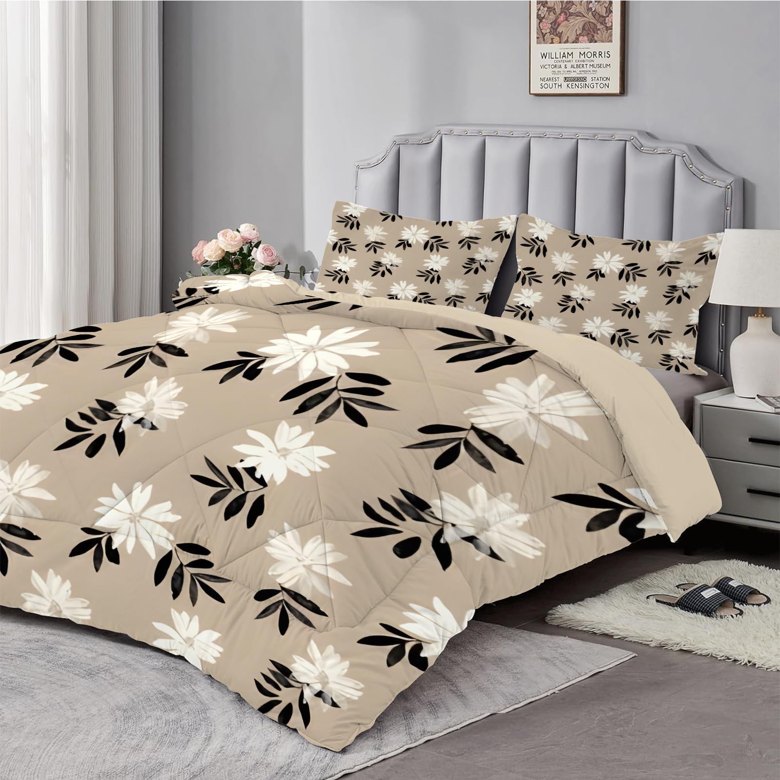 Dyausi Dekbed 200 x 220 cm Met Bloemen - Omkeerbaar Voor Het Hele Jaar Met 2 Kussenslopen 80 x 80 cm - Wasbaar Zonder Overtrek, Beige