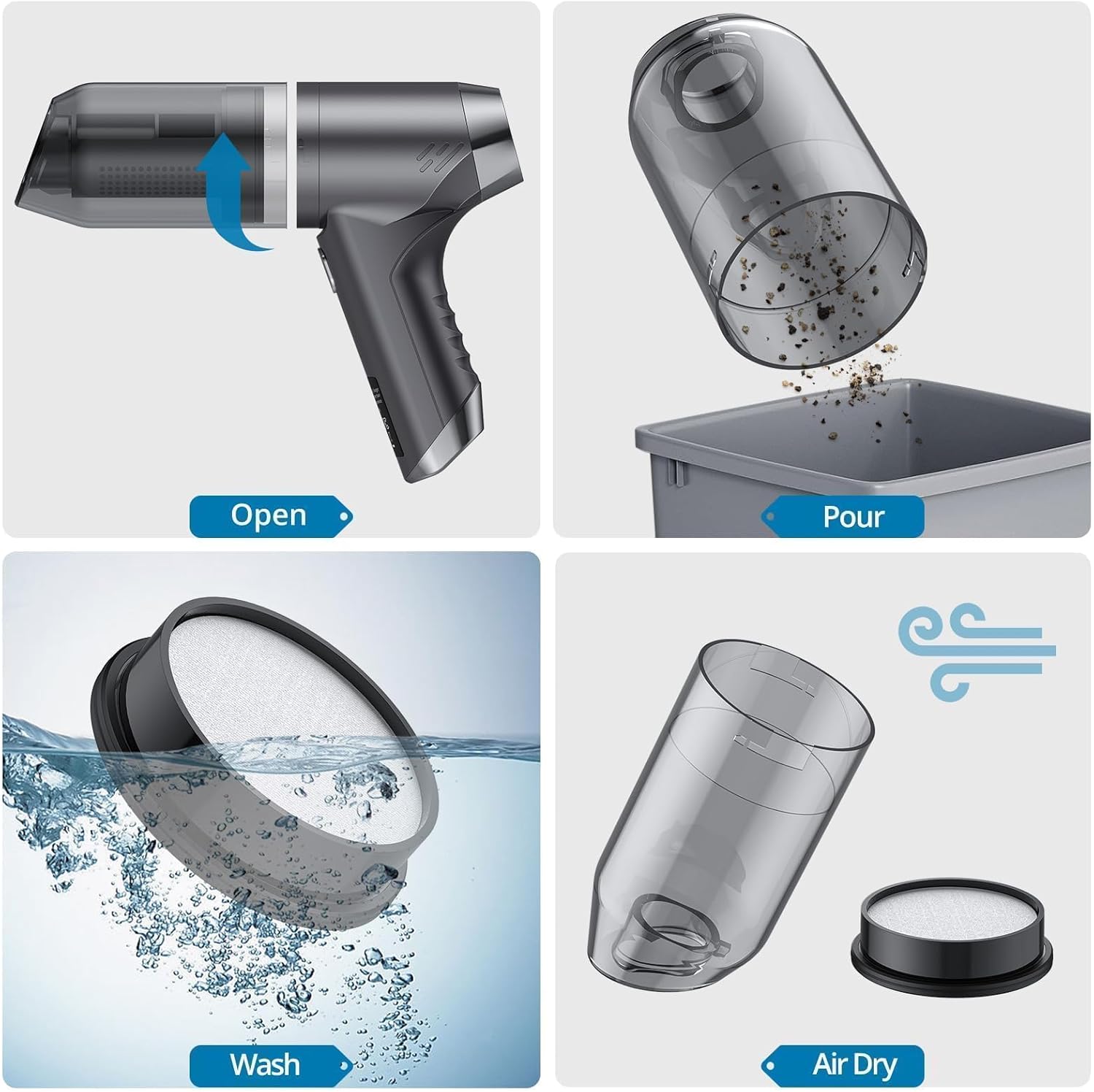 Four-step diagram showing how to clean the vacuum cleaner's dust cup and filter