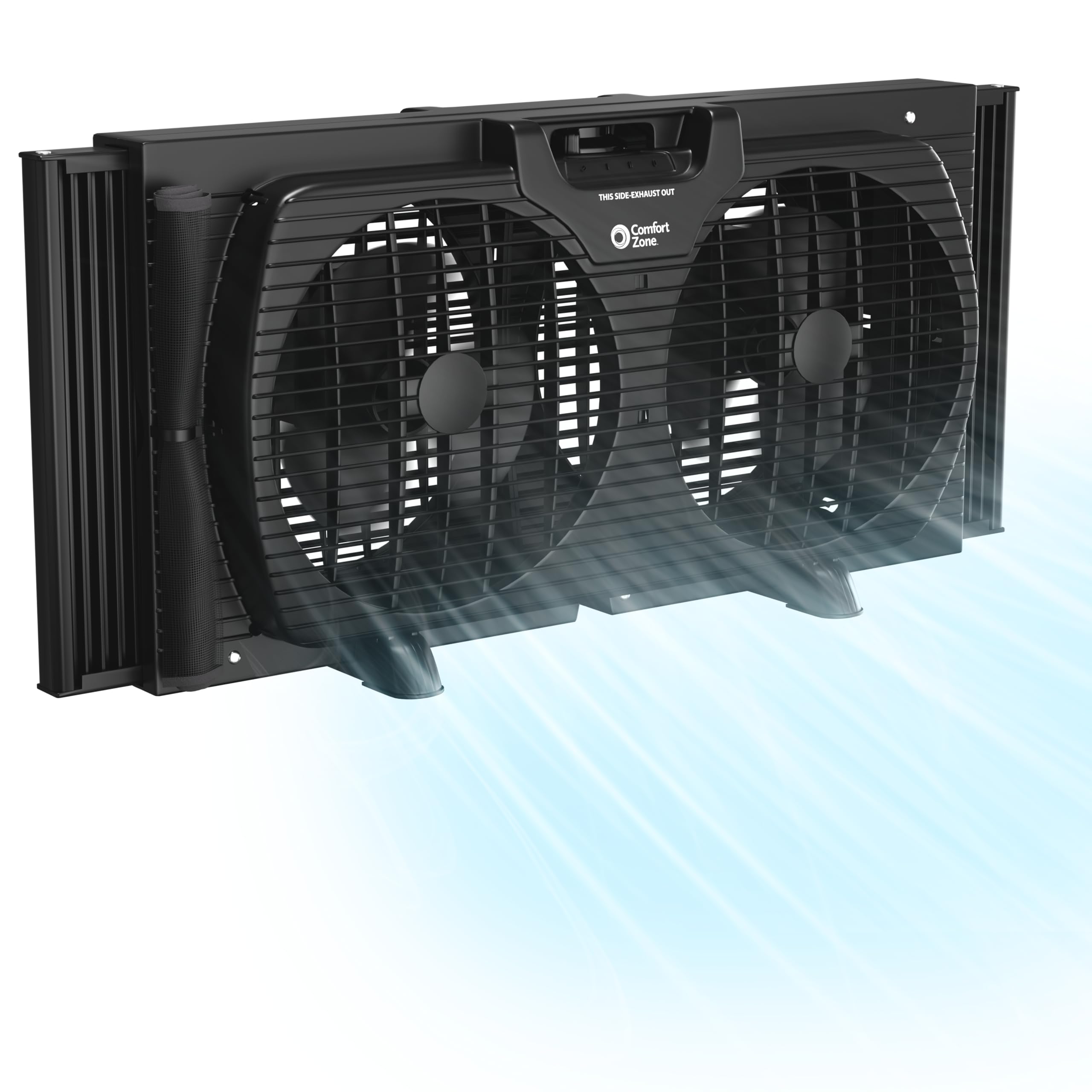 Comfort Zone Window Fan for Bedroom, 9 inch 3 Speed Dual Fans with Auto-Locking Expanders, Window Exhaust Fan, Removeable Bug Screen, Black