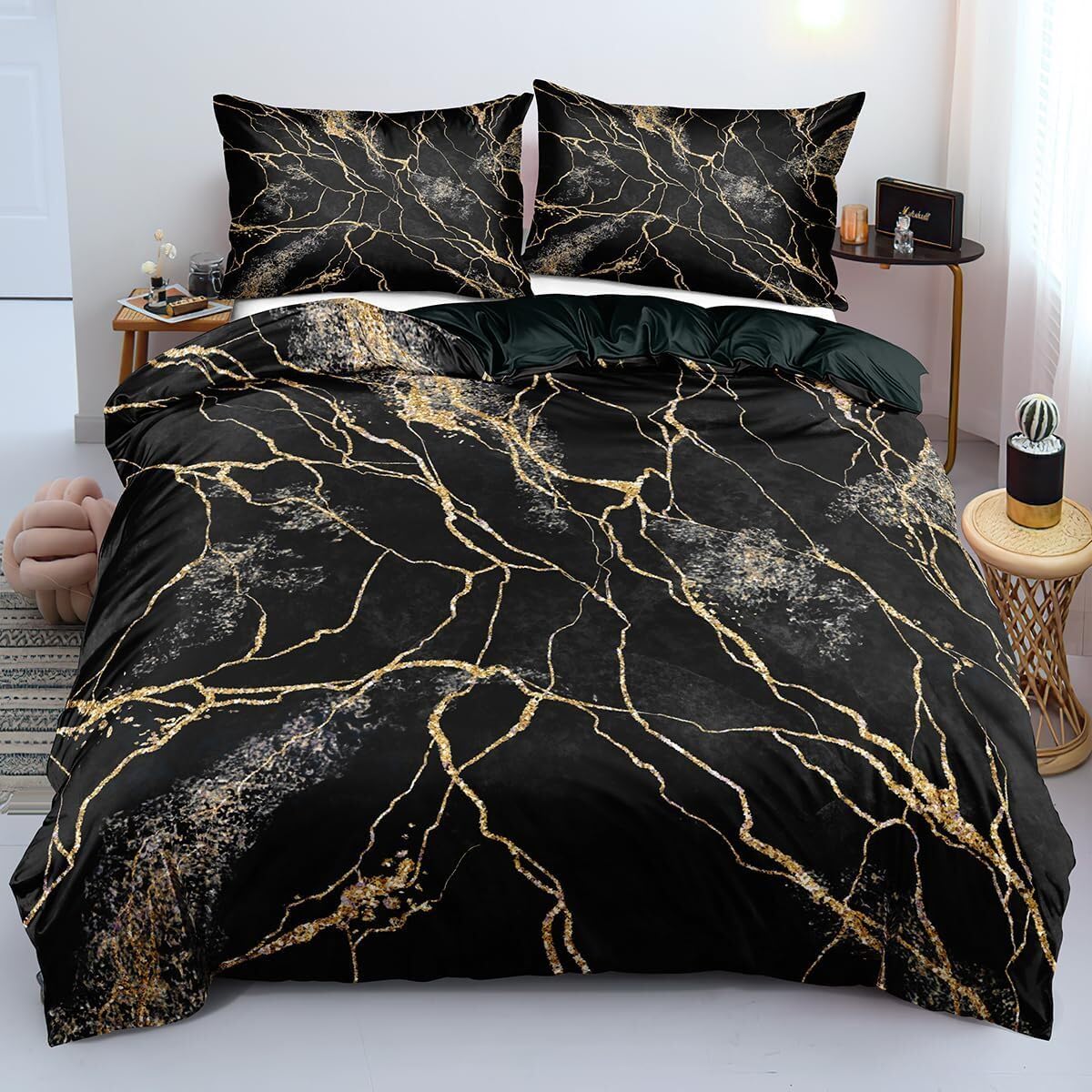 Luowei Marmor Bettwäsche 135x200cm 3D Golden Schwarz Muster Bettwäsche Set Microfaser Luxus Modern Bettbezug und 1 Kissenbezüge 80×80cm mit Reißverschluss