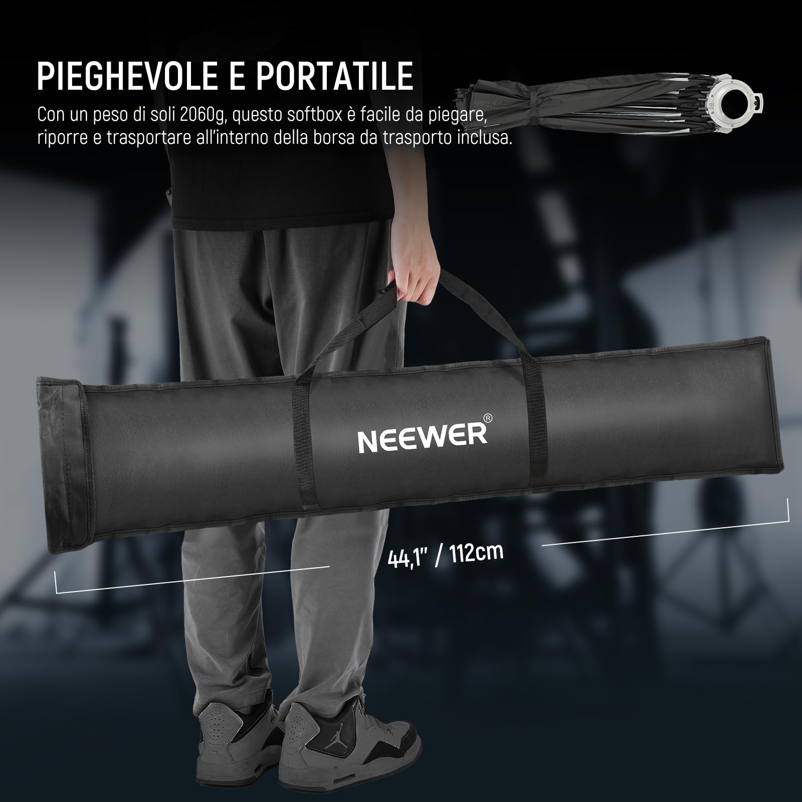 NEEWER Kit Softbox Parabolico, 120cm Soft Box ad Attacco Bowens con Diffusori Luce per Fotografia Studio Registrazione Video Streaming, Compatibile con Aputure 120d Compatibile con Godox SL60w, NS73P