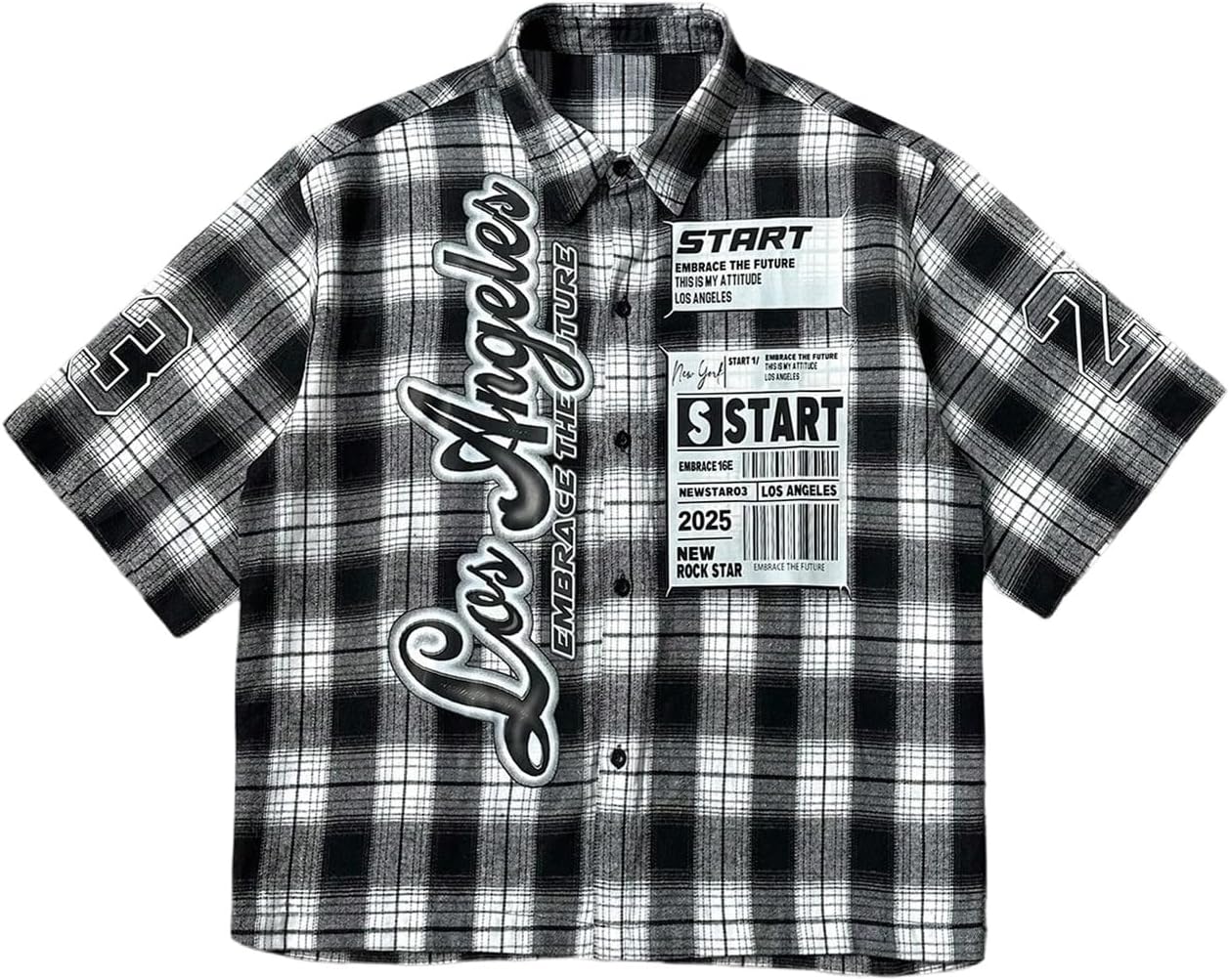 GORGLITTER Men's Plaid Graphic Cropped T Shirt Button Up Short Sleeve Top Y2k Collar Street Baggy Shirts