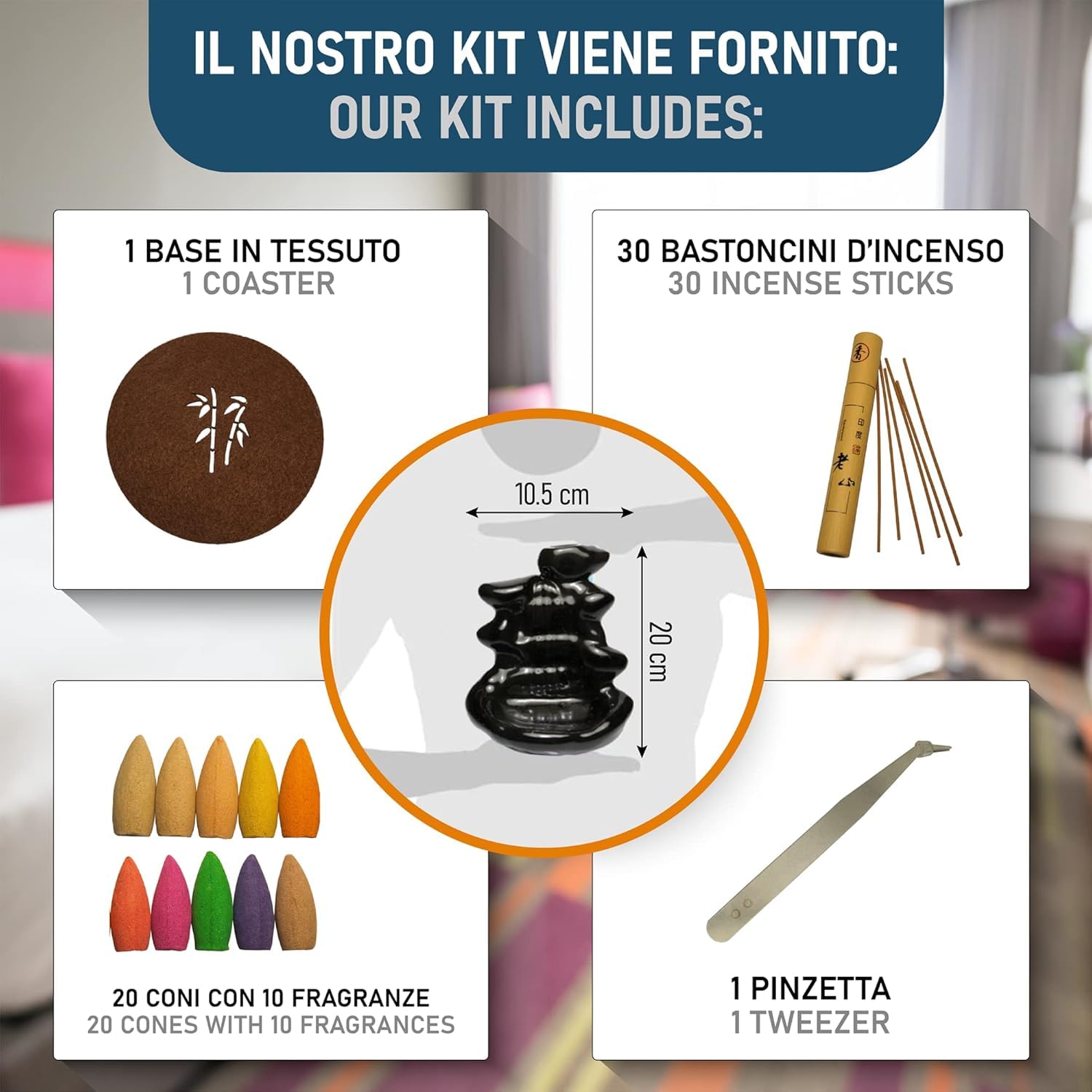 Bruciatore Incenso A Cascata MYL In Ceramica Artigianale - Con Coni E Bastoncini Per Relax E Aromaterapia