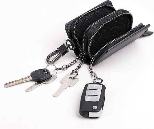Miniatura 3 de VISOUL Funda de cuero para llaves de coche con doble cremallera, funda de cuero para llavero inteligente con llavero para hombres y mujeres