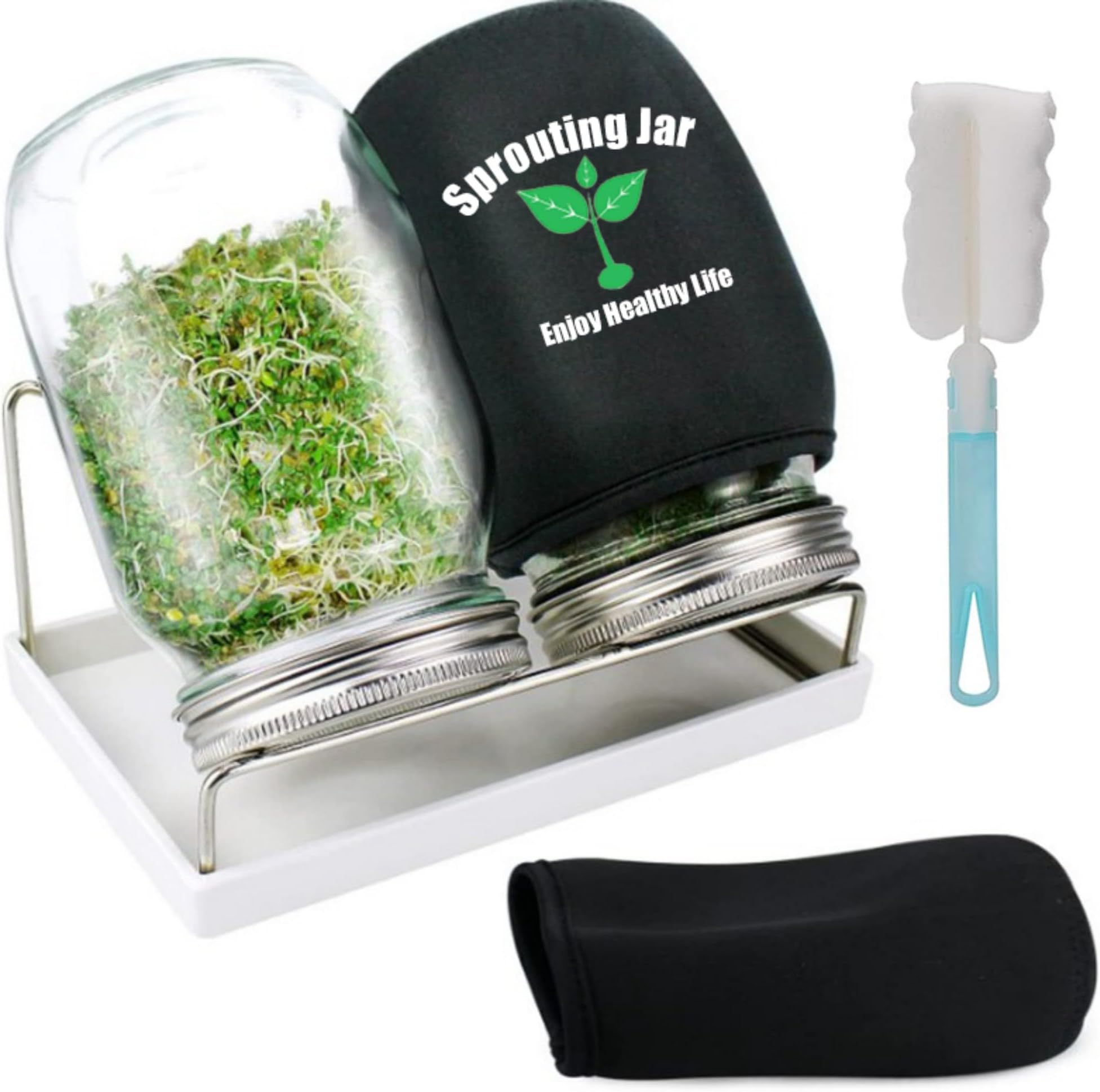MueutonSprouting Jar Kit-2 Wide Mouth Quart Mason Jars（32oz with Stainless Steel Screen Sprout Lids, Tray, Stand and Canning Brush Seed Sprouter Set