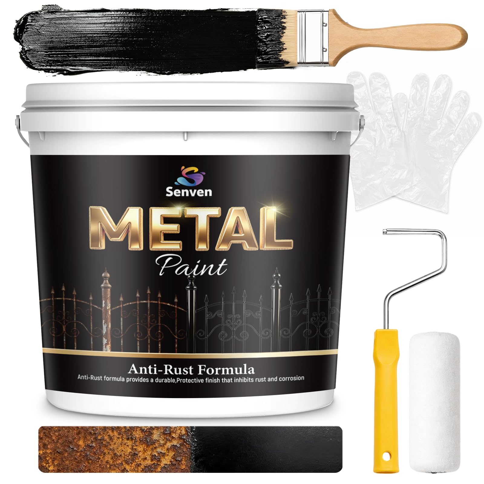 2 in 1 Rust Inhibitor Metal Primer Paint – 128OZ Matte Black Paint for Metal, Waterproof, Water-Based&amp;Non-Toxic, Indoor/Outdoor for Door, Furniture, Railing, Fence, Gate, Trailer, Car, 160-190 sq.ft