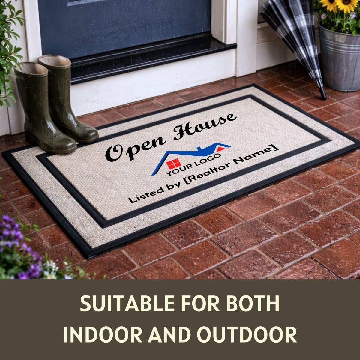 clicked craft Custom Logo Open House Door Mat - 18x30 Inch - Open House Supplies Doormat with Non-Slip Rubber Backing and Polyester Top - Made in USA - Real Estate Agent Doormat (Logo & Name)