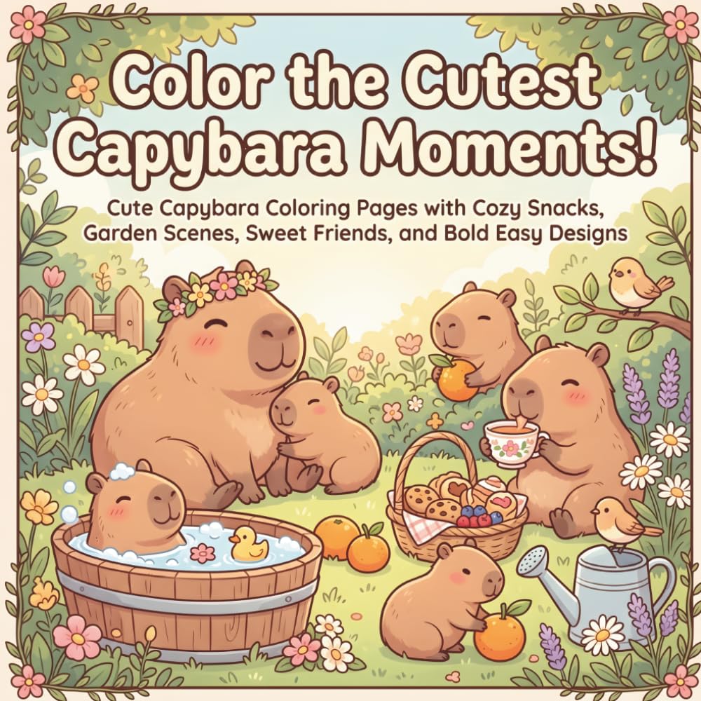 Color the Cutest Capybara Moments!: Cute Capybara Coloring Pages with Cozy Snacks, Garden Scenes, Sweet Friends, and Bold Easy Designs for Kids, Teens, and Adults