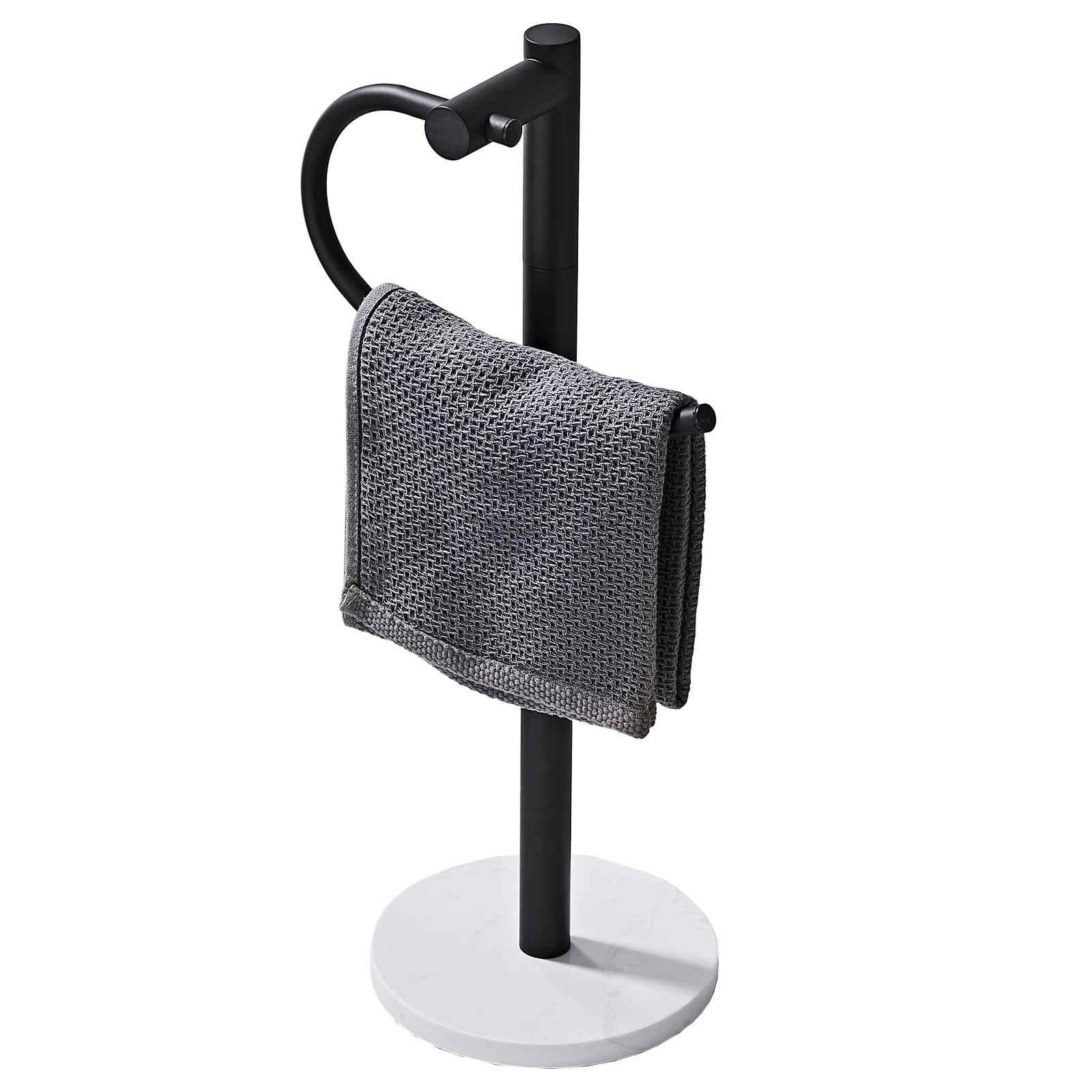 18 Inch Modern Hand Towel Holder Stand with Marble Base, Black Metal, Freestanding Bathroom Counter Towel Rack