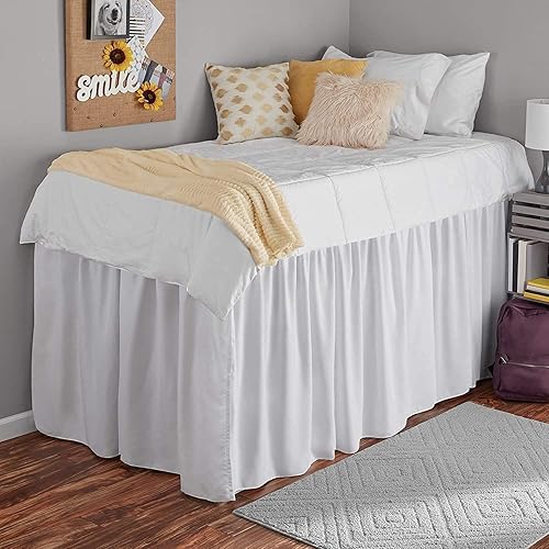 Miniatura 2 de Faldón de cama para dormitorio, tamaño matrimonial XL, extra largo, falda de cama para dormitorio universitario-100% microfibra (blanco, Completo-XL