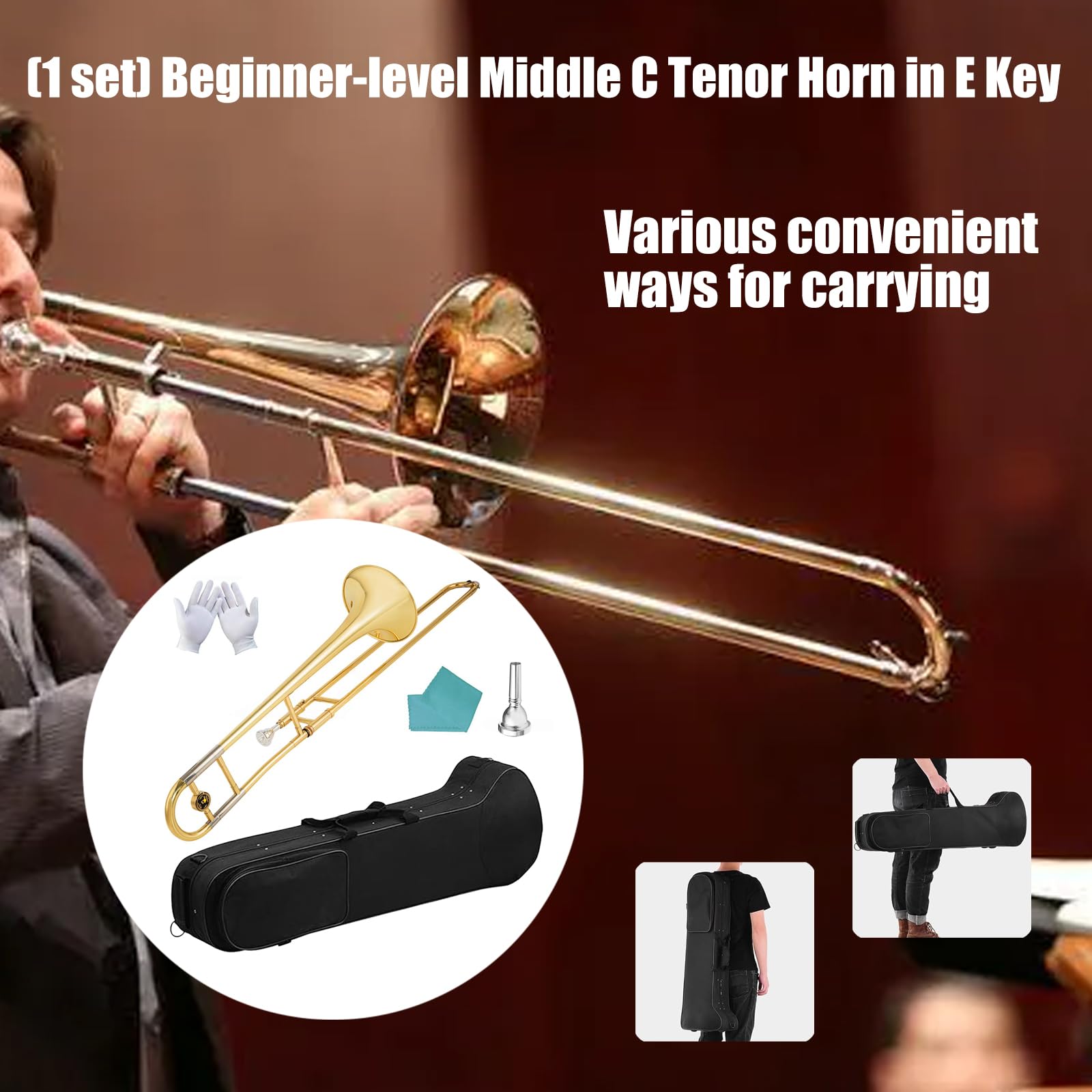 Trombone E per principianti, soffiatore in lamiera di alta qualità per un'eccellente qualità del suono e design ergonomico per studenti di musica, trombone leggero