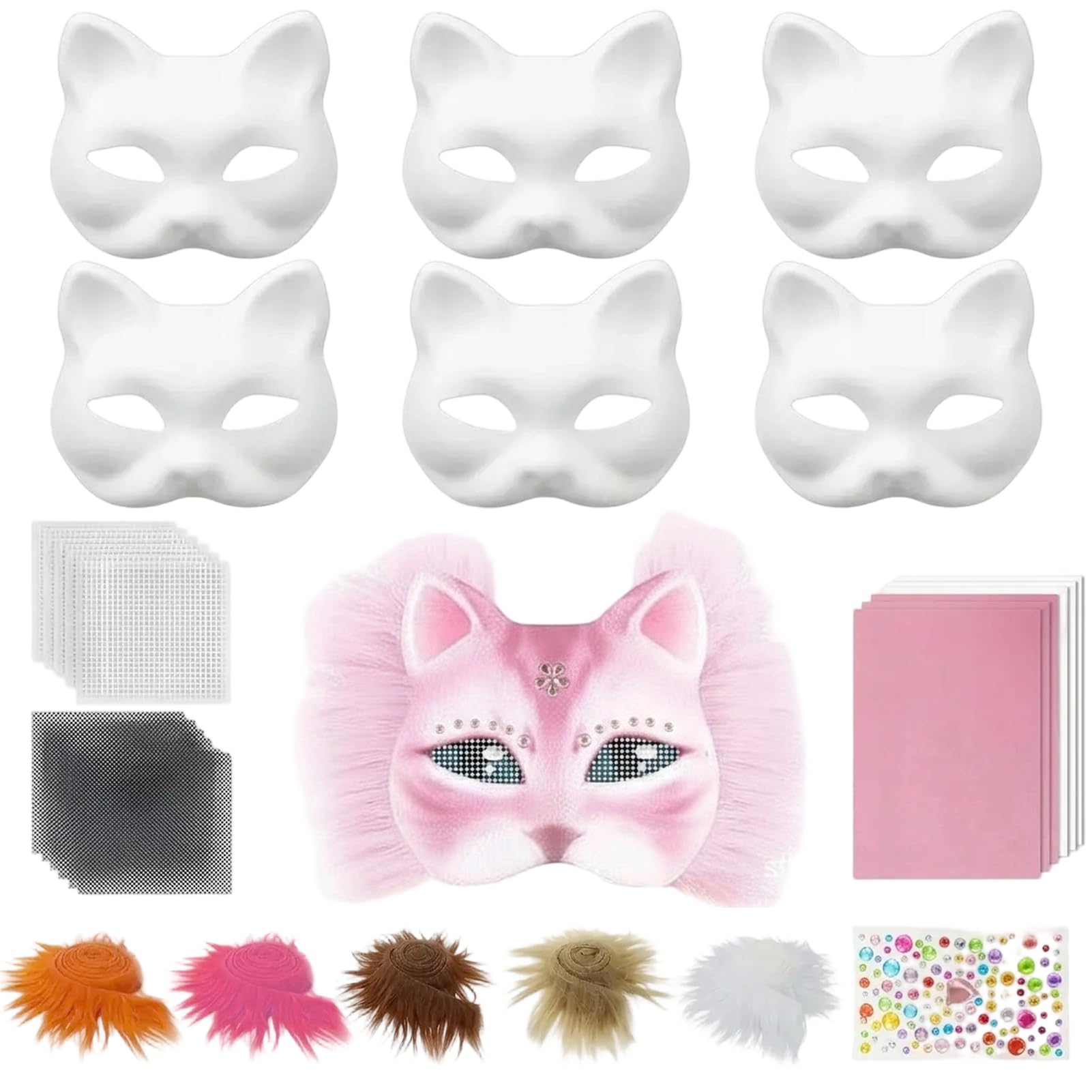 Essestim Therian Mask Set, 30 Pcs Therian Cat Mask Kit with Blank Cat Mask, Sticker, Fur Self Adhesive Felt Sheet for Halloween Masquerade Carnival Cosplay Party (Style 4)