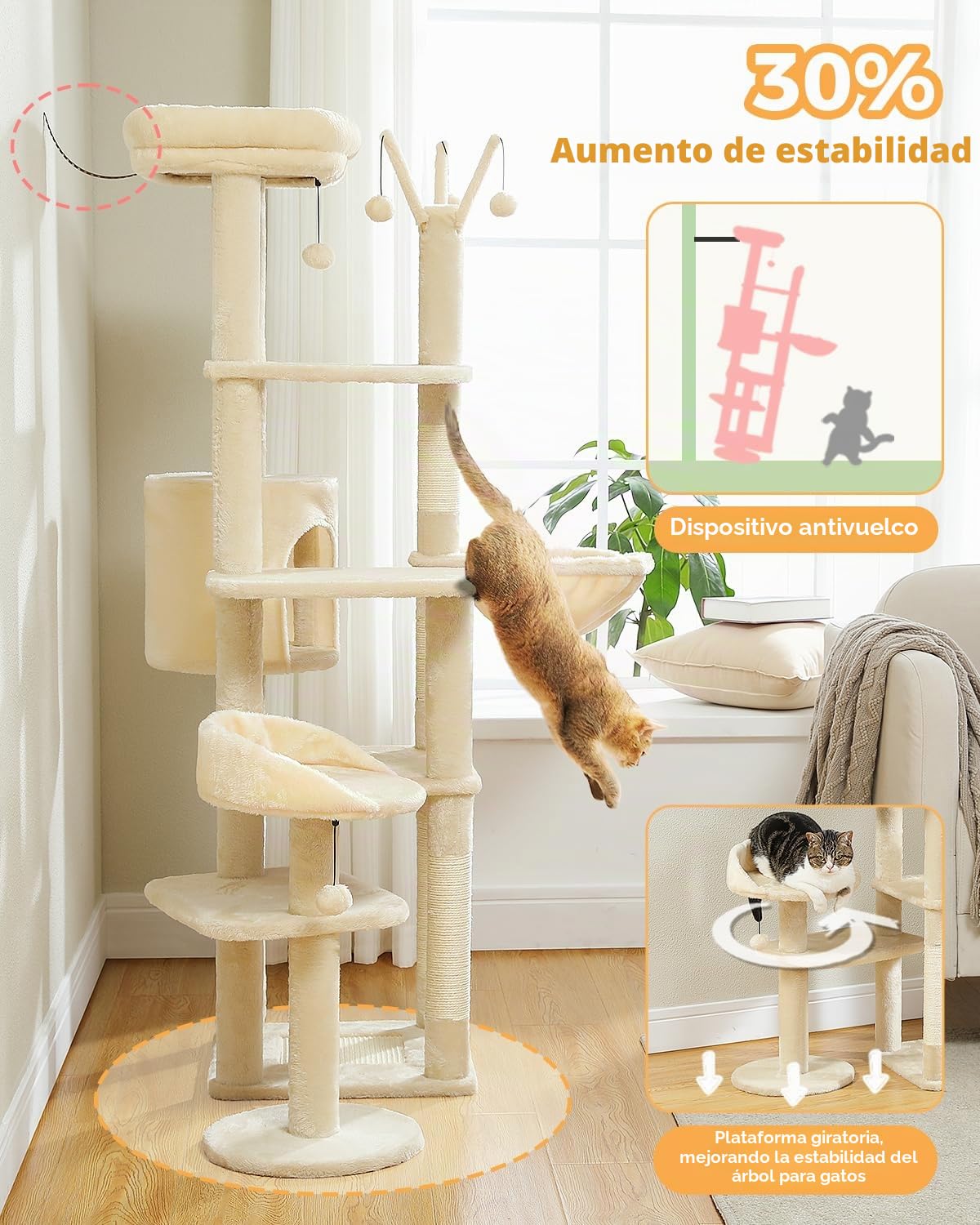 PETEPELA Árbol Rascador de 150 cm, Torre de Varios Pisos para Gatos Grandes y Medianos, con Hamaca Grande, Apartamento Privado, Rascador de Sisal y Bola de Pompón Esponjosa