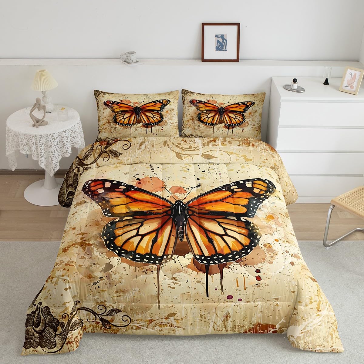 Castle Fairy Farmhouse Vintage Flying Animal Boys Girls Comforter Set Full Size,Butterfly Duvet Set Teens Bedroom Decor,Ink Tie Dyeing Watercolor