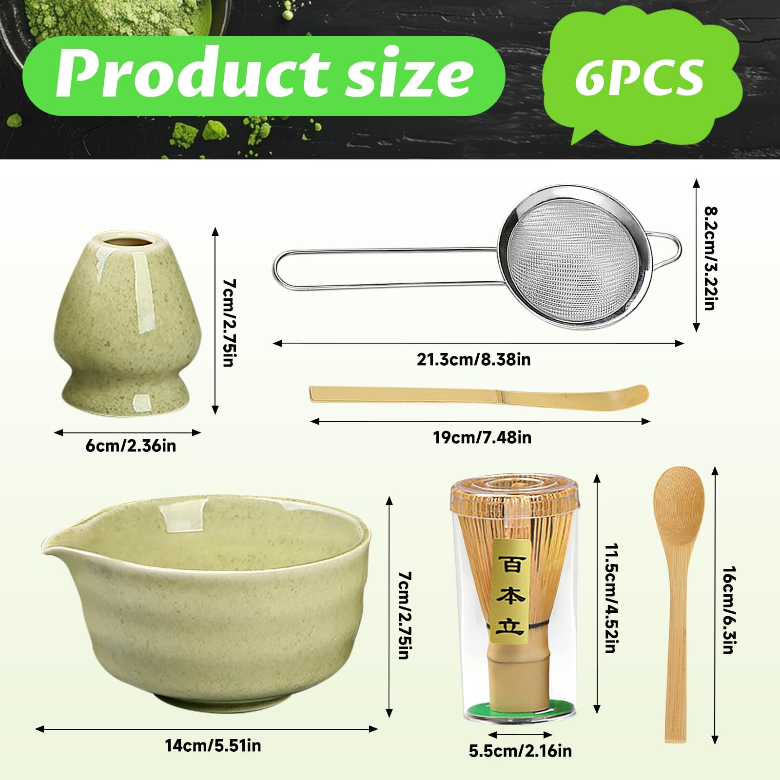 Matcha kit 6 Pezzi - Set di Matcha per Cerimonia Giapponese - Set Accessori Cerimonia Tè Matcha,Portafrusta, ideale per la cerimonia del tè o come regalo （Matcha verde）