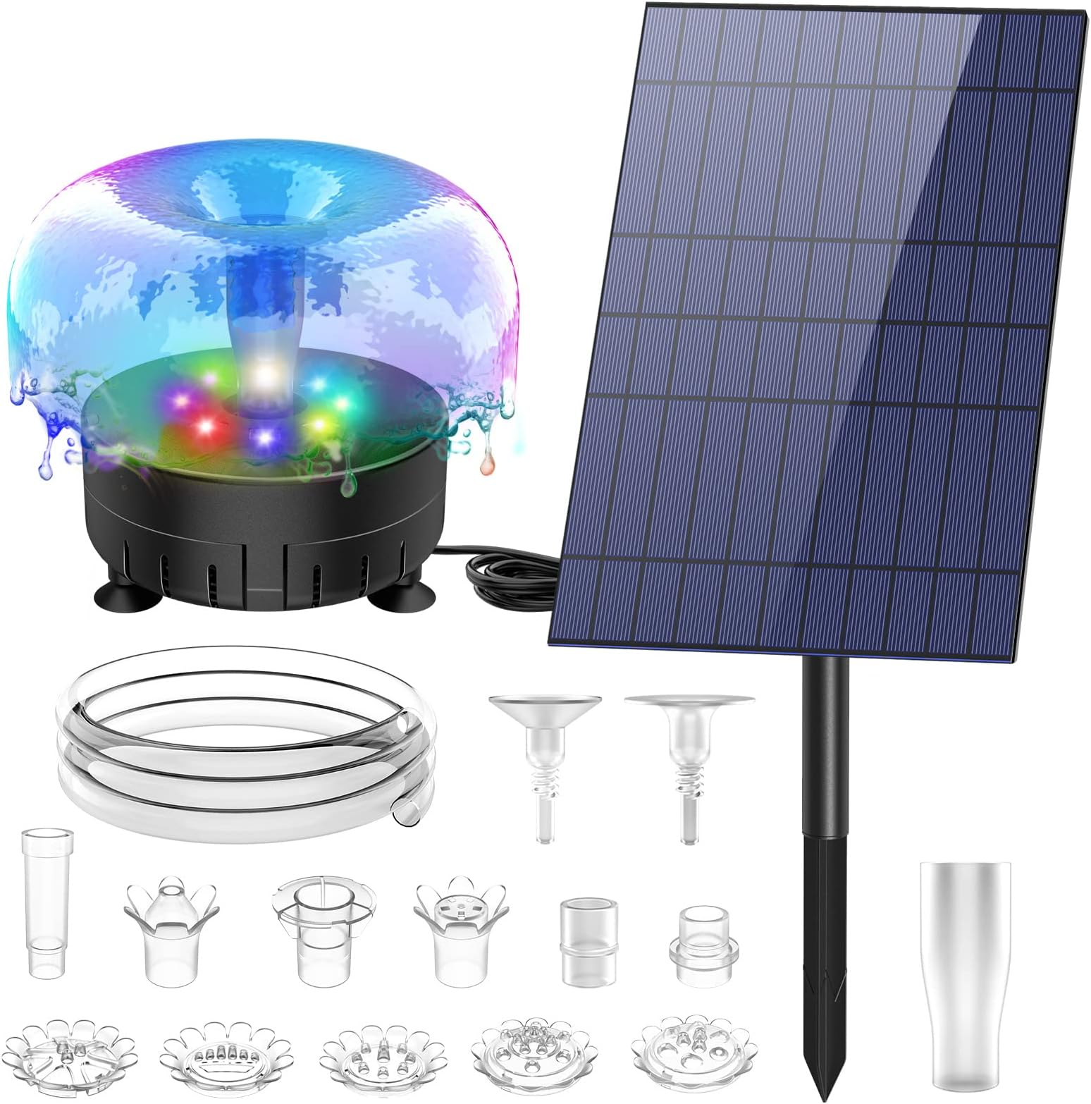 AISITIN 10W LED Solar Fountain Pump with Colorful Lights & 5000 mAh Battery, DIY Water Feature Kit for Outdoor with Pipe, Solar Powered Water Fountain Pump for Bird Bath, Garden, Ponds and Fish Tank