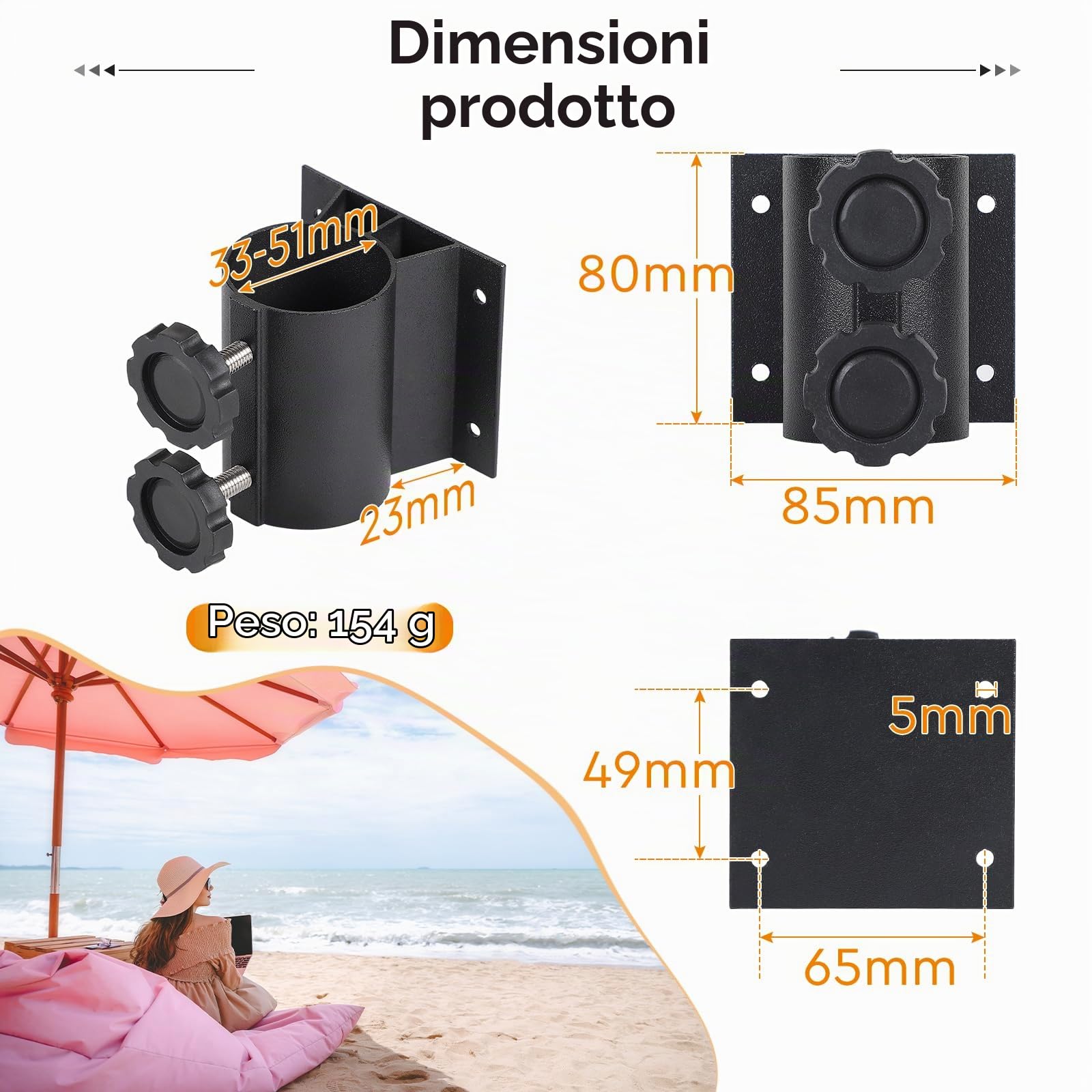 efuturetime 2 x Supporti Ombrellone da Balcone per Palo 33-50 mm con 8 Viti | Portaombrellone per Ringhiera, per Terrazza, Giardino e Bar