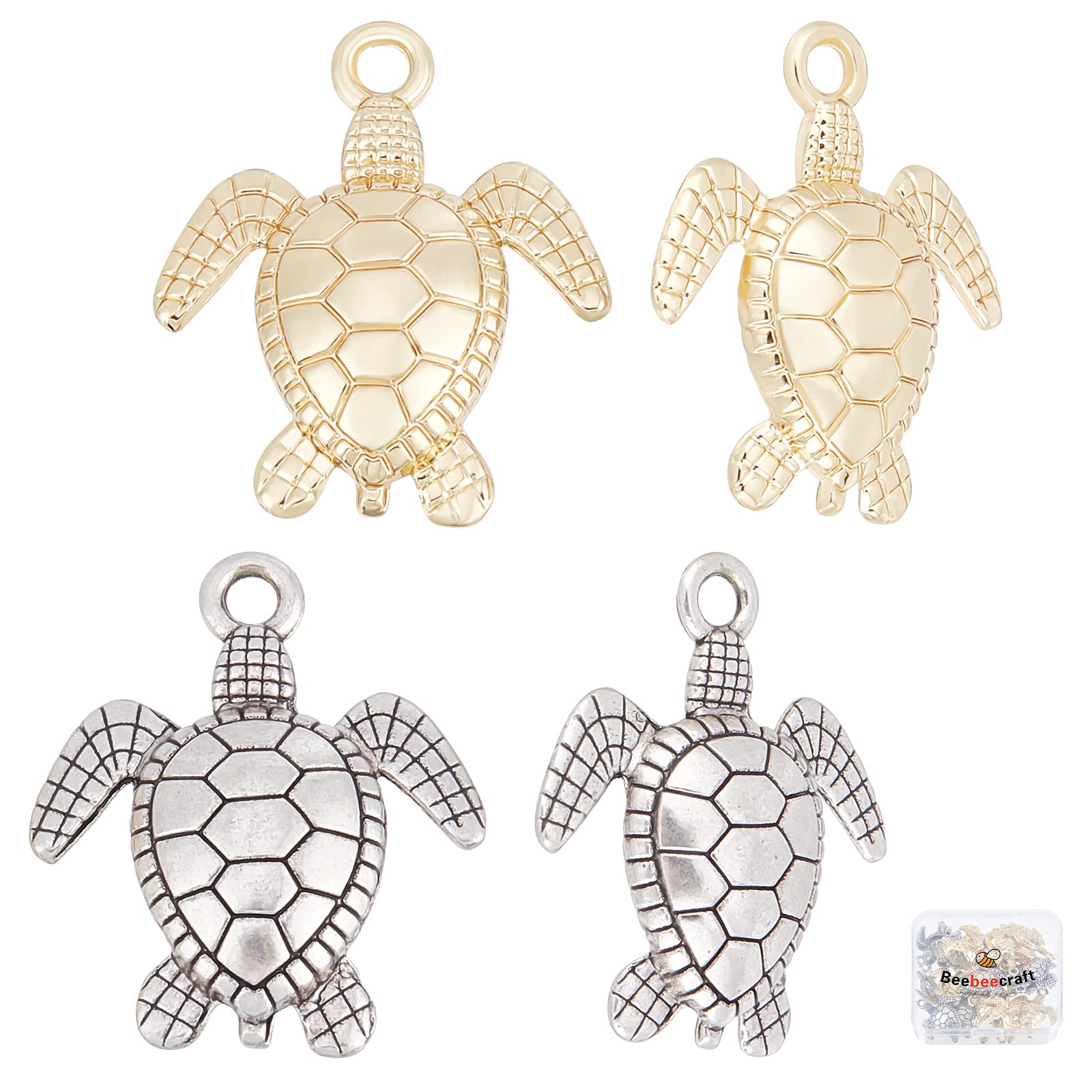 Beebeecraft 20 Pieces 2 Colours Sea Turtle Beads 14K Gold and Silver Thai Alloy Ocean Turtle Animals Pendant for Jewellery Supplies Crafts, Metal