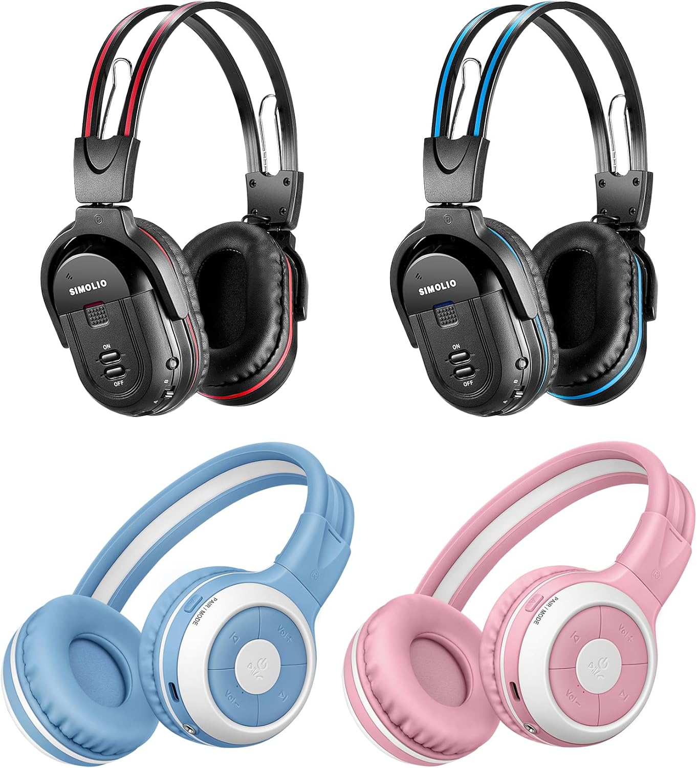 SIMOLIO Kids Headphones, Wireless IR Car Headphones (Not Bluetooth) and Auracast Wireless Bluetooth Kids Headset with Mic, Durable, Foldable, Travel, Perfect for Siblings, Car DVD, School
