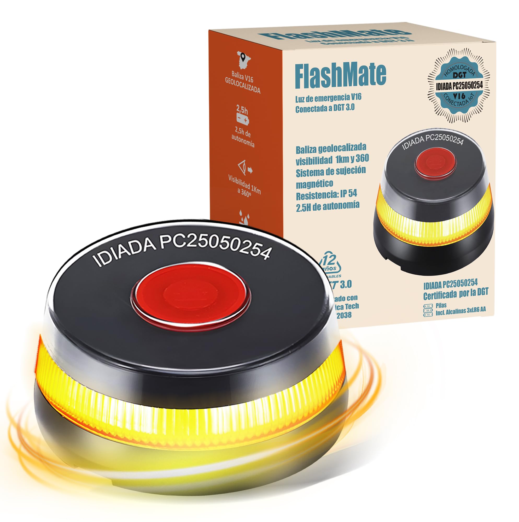 Beacon V16 Approved DGT with Geolocator 3.0 | Emergency Light Car Approved DGT | V16 Connected and Geolocated with SIM Included without Cost until 2038 | Mandatory since 2026 DGT Regulations