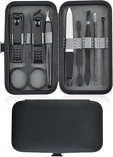 Miniatura 10 de Juego de manicura y pedicura profesional, juego de cortaúñas de acero inoxidable 9 en 1, herramientas personales para el cuidado de las uñas con