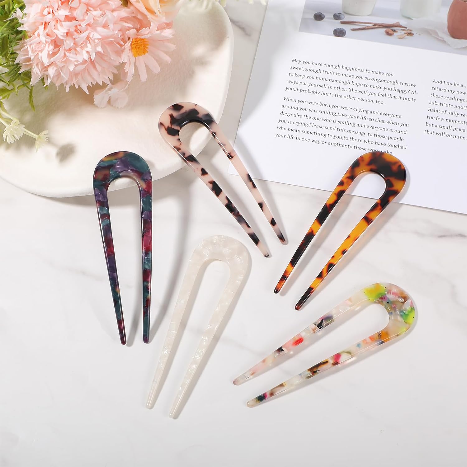 5 Pcs French Hair Pins, U-Shaped Acetate Chignon Pin French Twist Hair Pin Fork Updo Chignon HairPins Tortoise Shell U Shaped 2 Prong Hairs Sticks for Women Hairstyle Accessories - Image 6