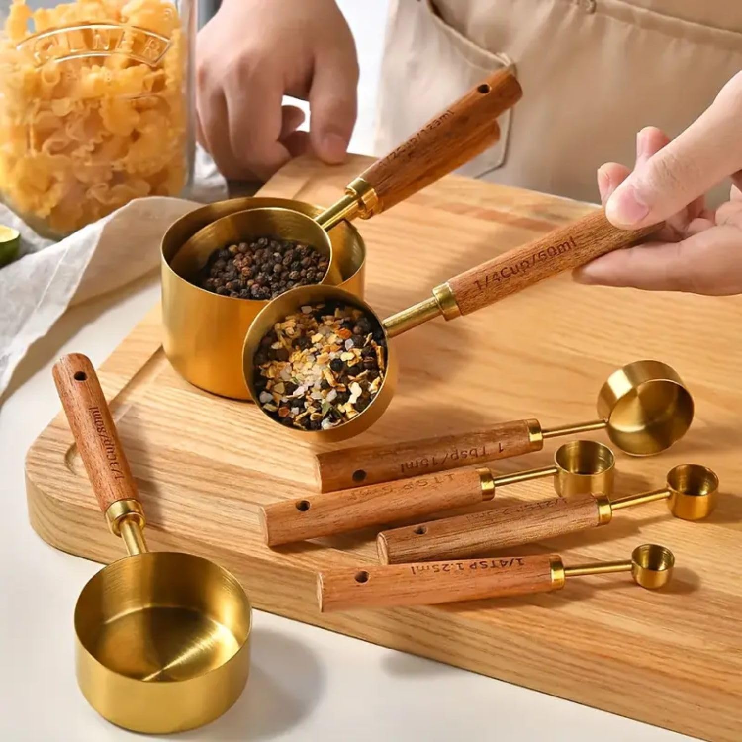 Royalkart Measuring Cups and Spoons with Wood Handle Set of 8, Stainless Steel, Golden Polished Finish, Baking Tools, Dry & Liquid Measuring Cup for Cooking