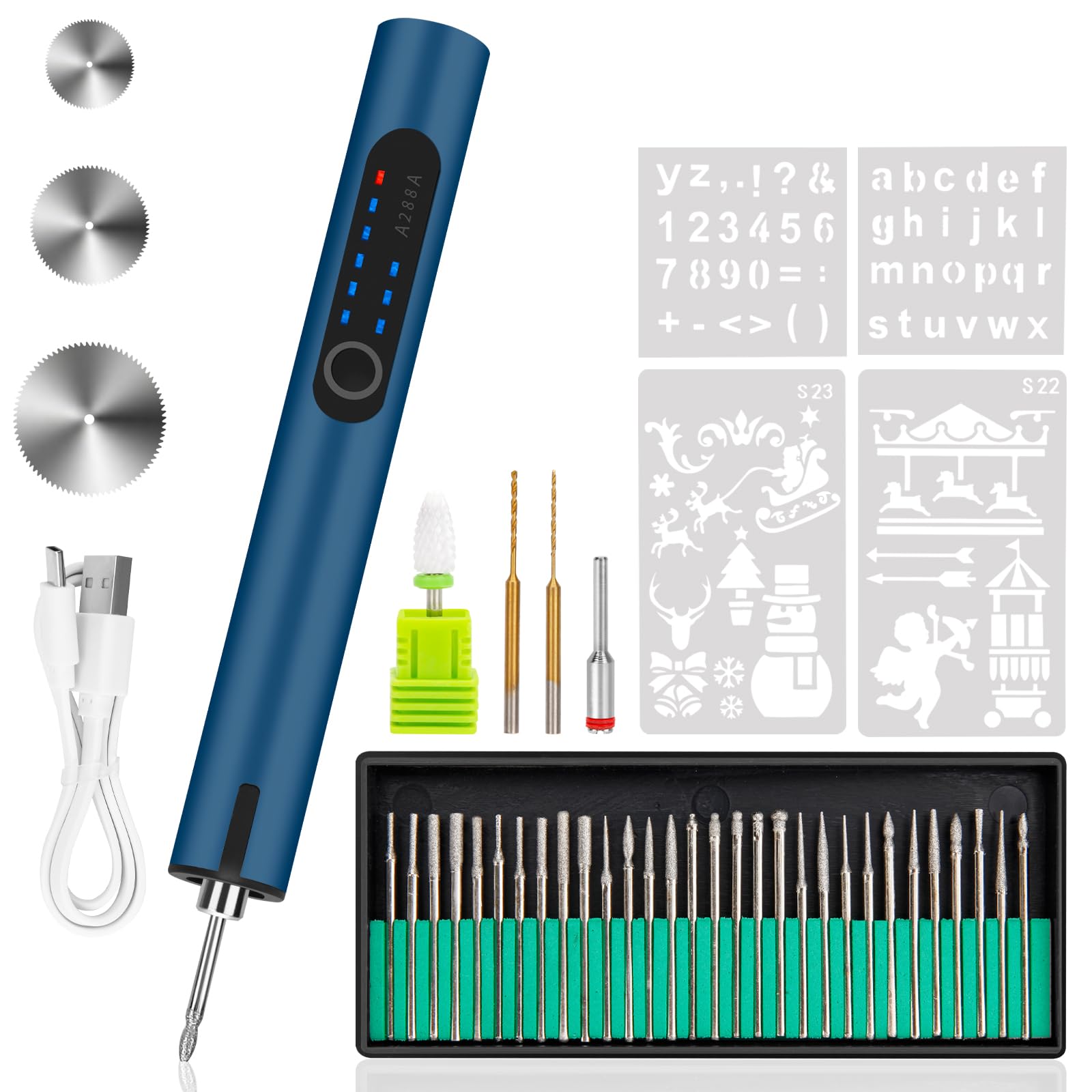 Engraving Pen with LED Light, Electric Engraving Pen with 37 Bits, USB Rechargeable Cordless Engraving Machine, Portable DIY Rotary Engraver for Jewelry Wood Glass Stone Carving (Blue)