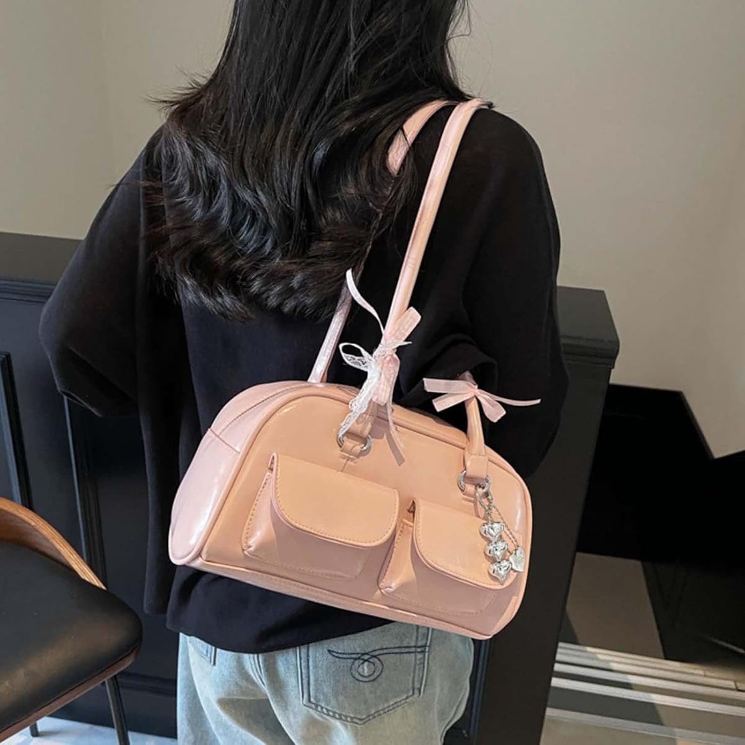 Kawaii Women's Bow Coquette Purse PU Leather Retro Boston Handbag pastel goth handbag