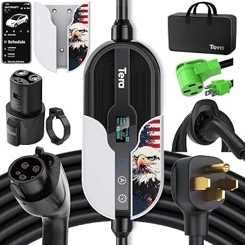 Tera EV Charger Level 2 J1772 32A 16A 240V ETL Certified Dual Use Portable & Wall Connector NEMA 14-50 Wi-Fi & BT Enabled 25FT Cable with Holder P01