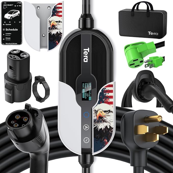 Tera for Tesla EV Charger Level 1 and 2 J1772: 32A 16A 240V ETL Certified 5 Years Warranty Dual Use Portable & Wall Connector NEMA 14-50 & NEMA 5-15, Wi-Fi & BT Enabled 25FT Cable with Holder, P01