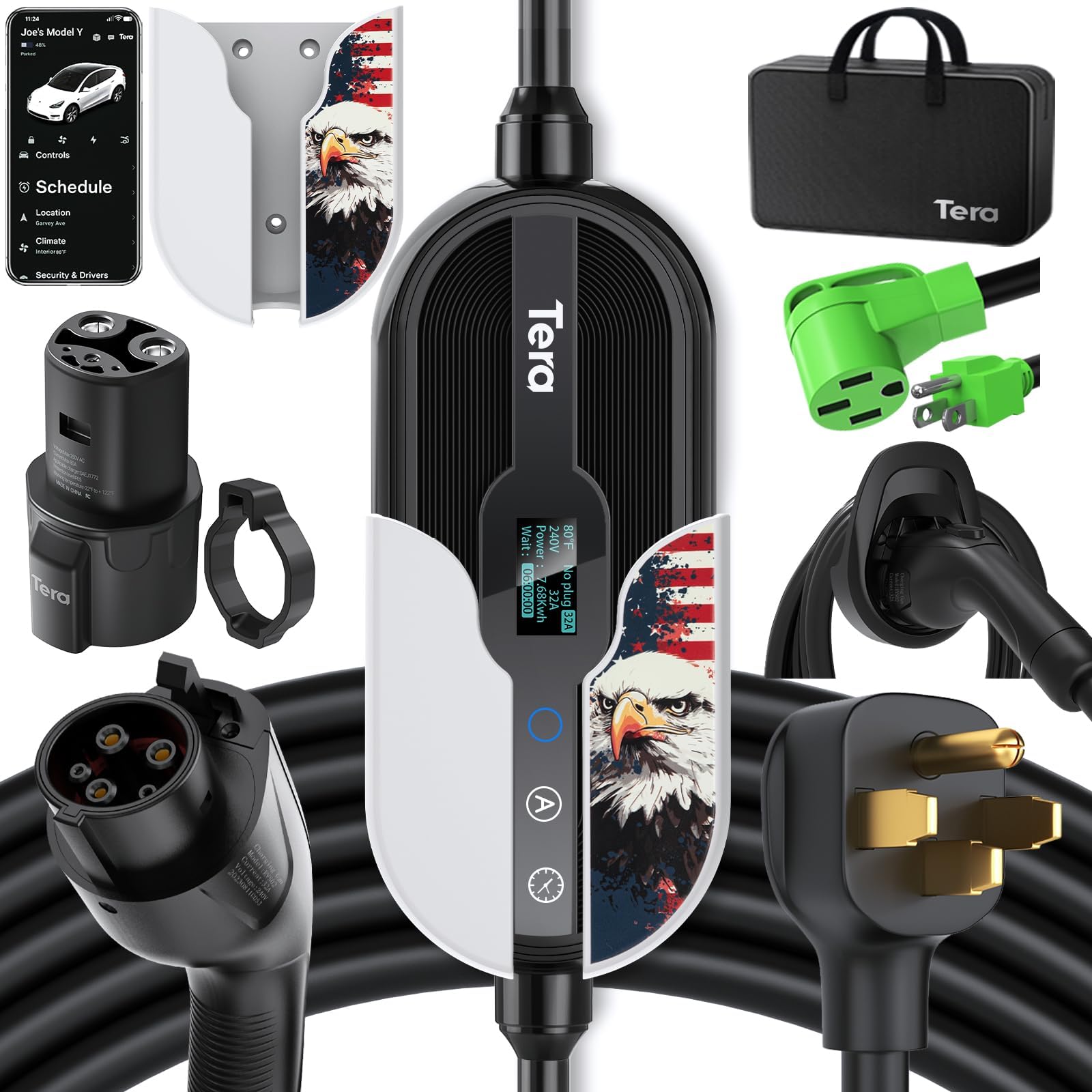 Tera Elektrofahrzeug-Ladegerät für Tesla: Level 1 & 2 J1772 EV Tragbar 32A 8A 110V 240V Wandstecker Doppelnutzung ETL NEMA 14-50 & 5-15 WLAN-fähig 25FT Kabel mit Halter P01