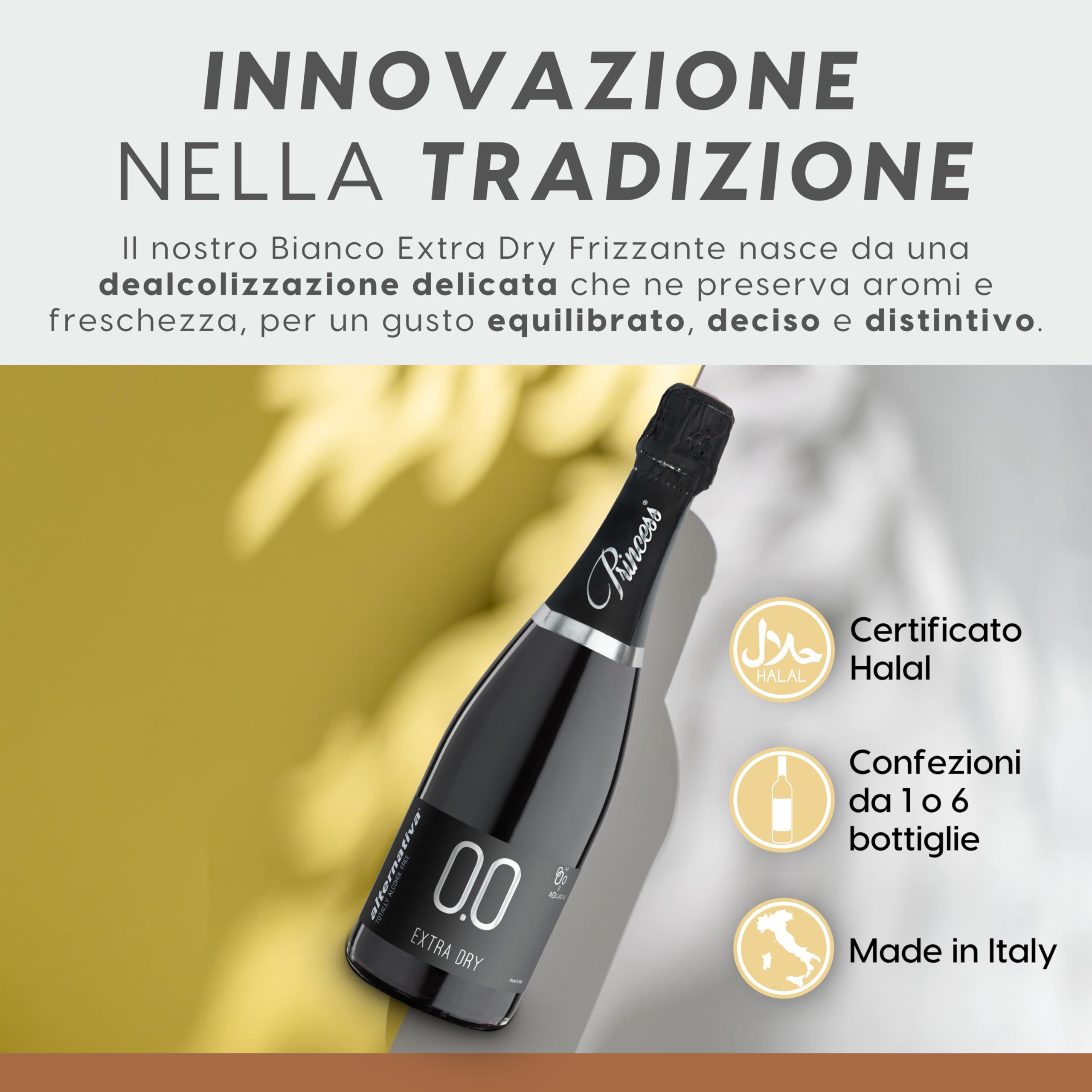 ALTERNATIVA Bianco Extra Dry Frizzante Analcolico 0.0% - Bollicine Senza Alcol, Dealcolato Italiano - Ideale per Celebrazioni e Regali - Confezione da 6 Bottiglie da 750ml Alcool Free