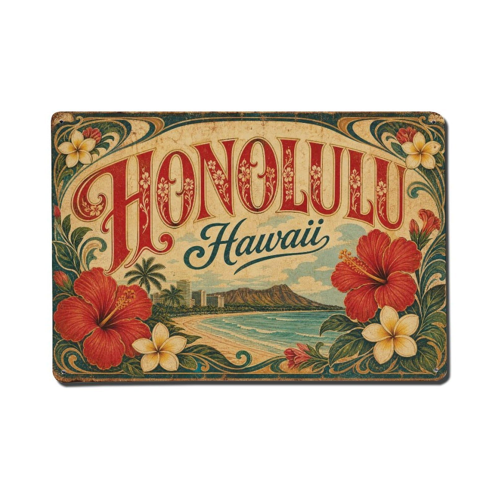 Huiyhb 8X12inch(20X30cm) Vintage Travel Honolulu Hawaii Flowers Metal Tin Sign