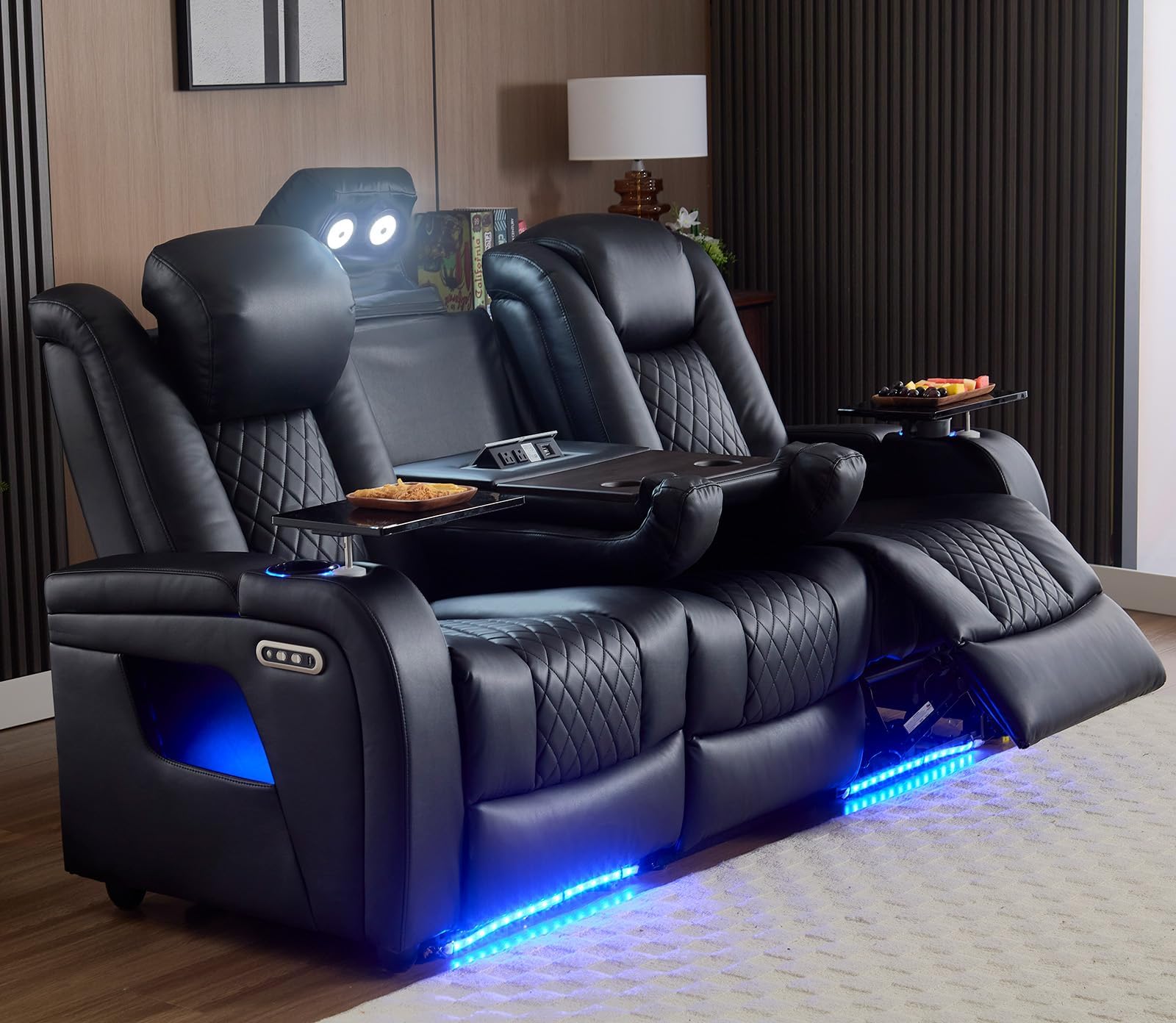 - Home Theater Seating Seats with Lighting Armrest, Movie Theater Chairs Theater Recliner with 7 Colors Ambient Lighting, Lumbar Pillow, Touch Reading Lights, Tray Table, Power Recline,Black